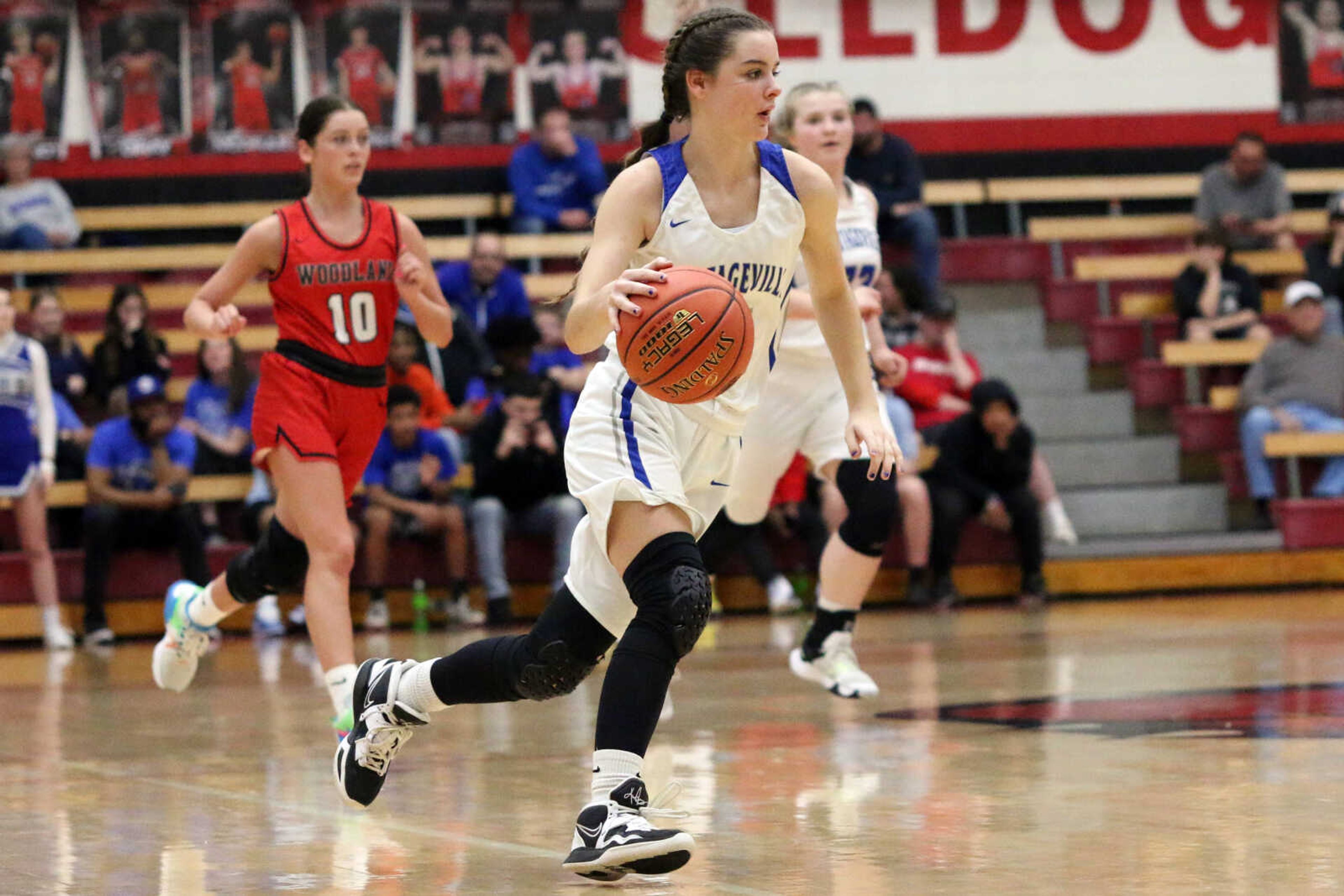 Portageville's Aubrey Greenwell (21) dribbles&nbsp;during a 61-25 win over Woodland in a MSHSAA Class 3 Sectional at the Sikeston Fieldhouse on Monday, Feb. 28. (Dennis Marshall/Standard-Democrat)