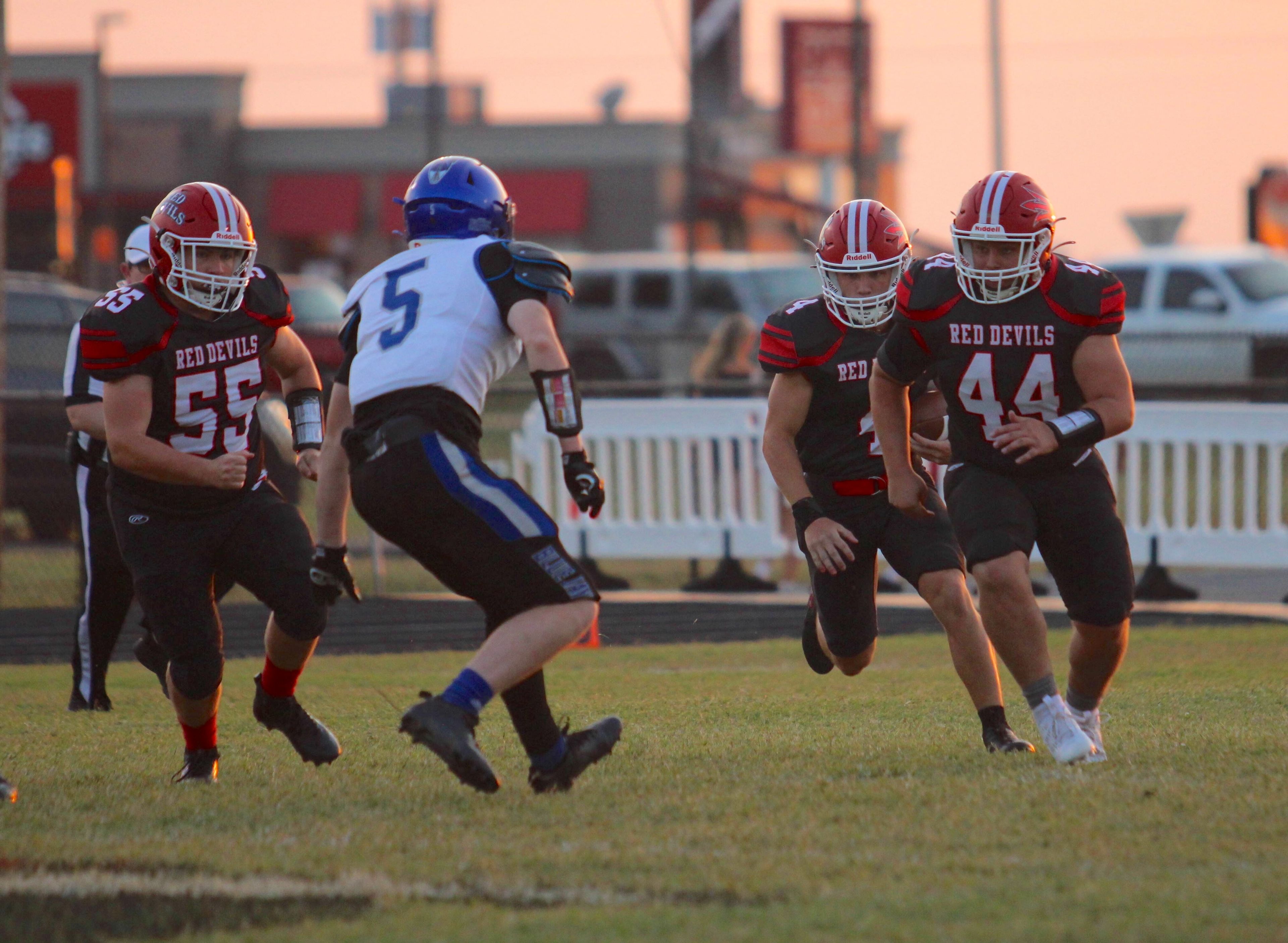 Chaffee's Logan Horton runs behind blockers during the Friday, September 6, 2024 game between the Charleston Blue Jays and the Chaffee Red Devils at Chaffee High School in Chaffee, Mo. Charleston defeated Chaffee 38-0. 