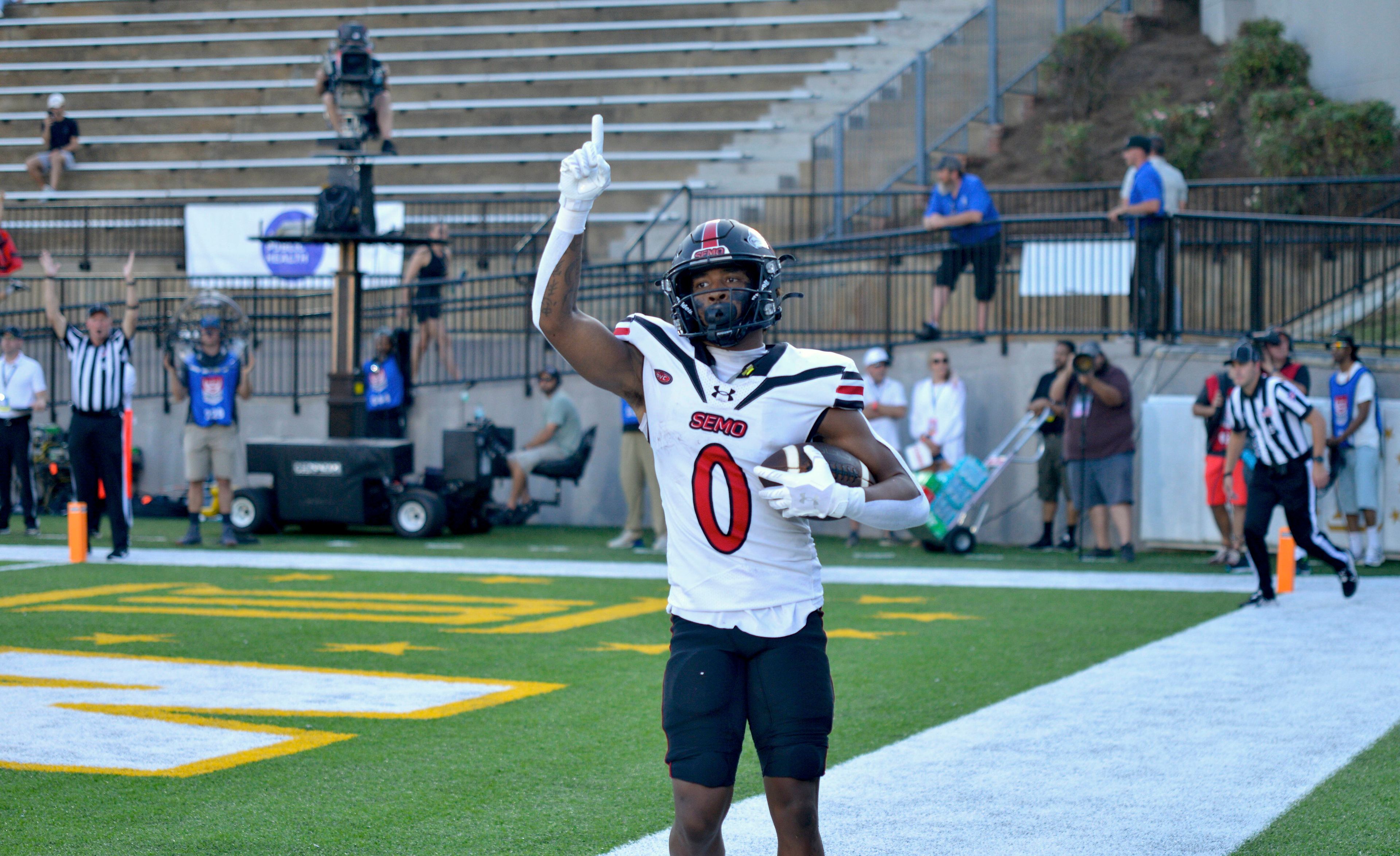 Southeast Missouri State receiver Cam Pedro celebrates scoring a touchdown against North Alabama in the FCS Kickoff on Aug. 24, in Montgomery, Alabama.
