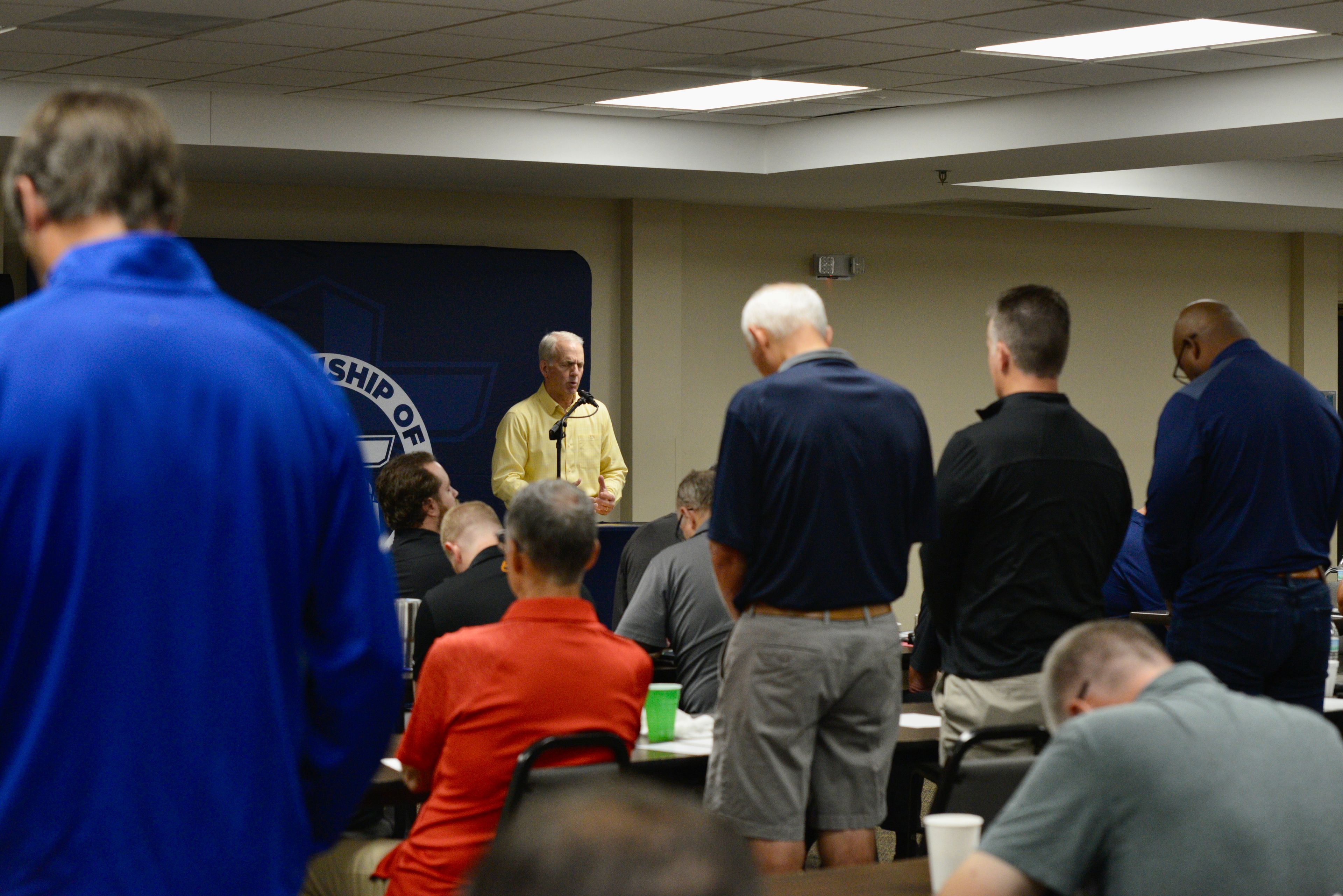 Mark Anderson, senior pastor at Lynwood Baptist Church, led a group prayer during the FCA Prayer Breakfast on Wednesday, Aug. 28, in Lynwood Baptist Church in Cape Girardeau.