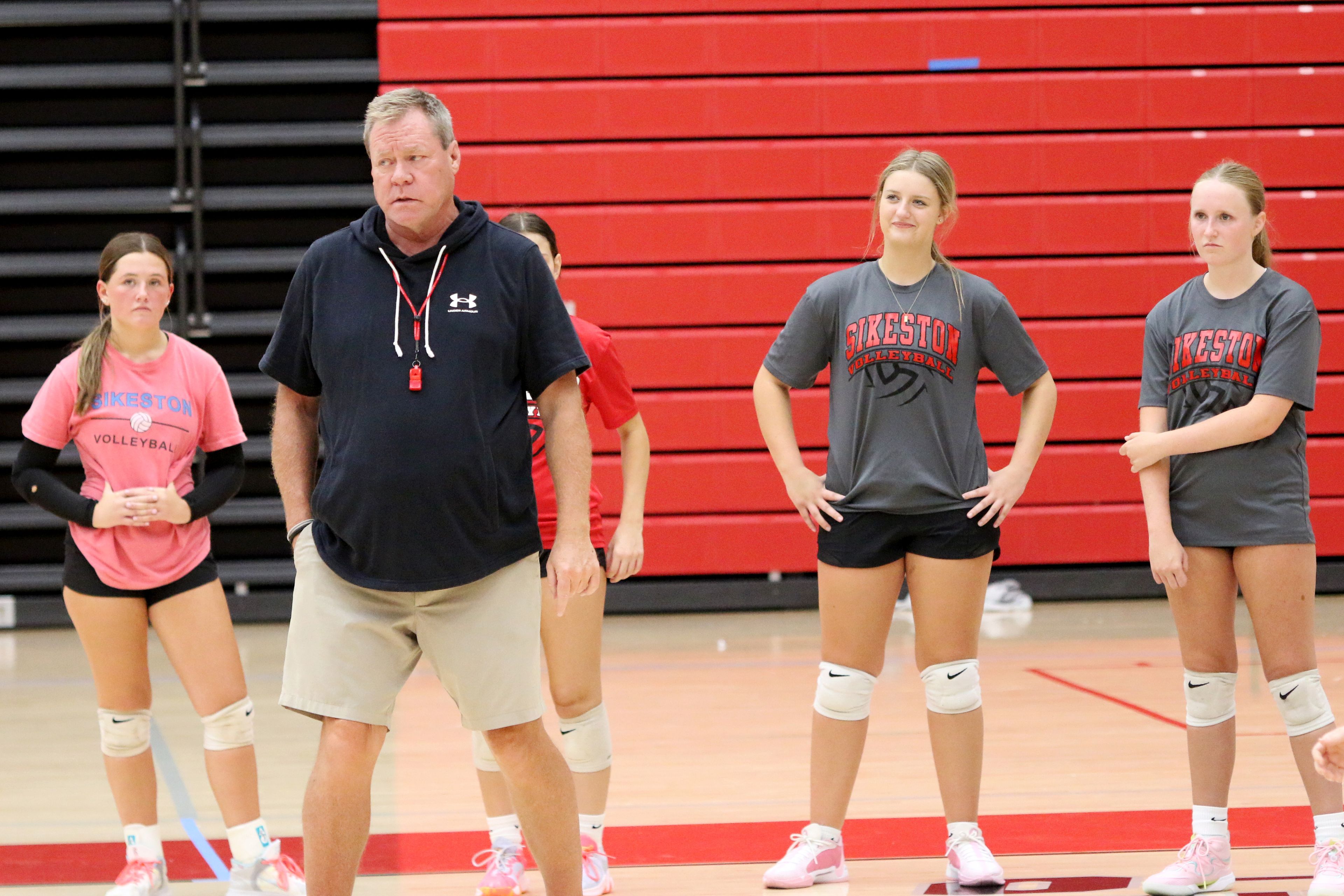 Sikeston volleyball Steve Beydler instructs the team during a practice at the Field House on Thursday, August 22.
