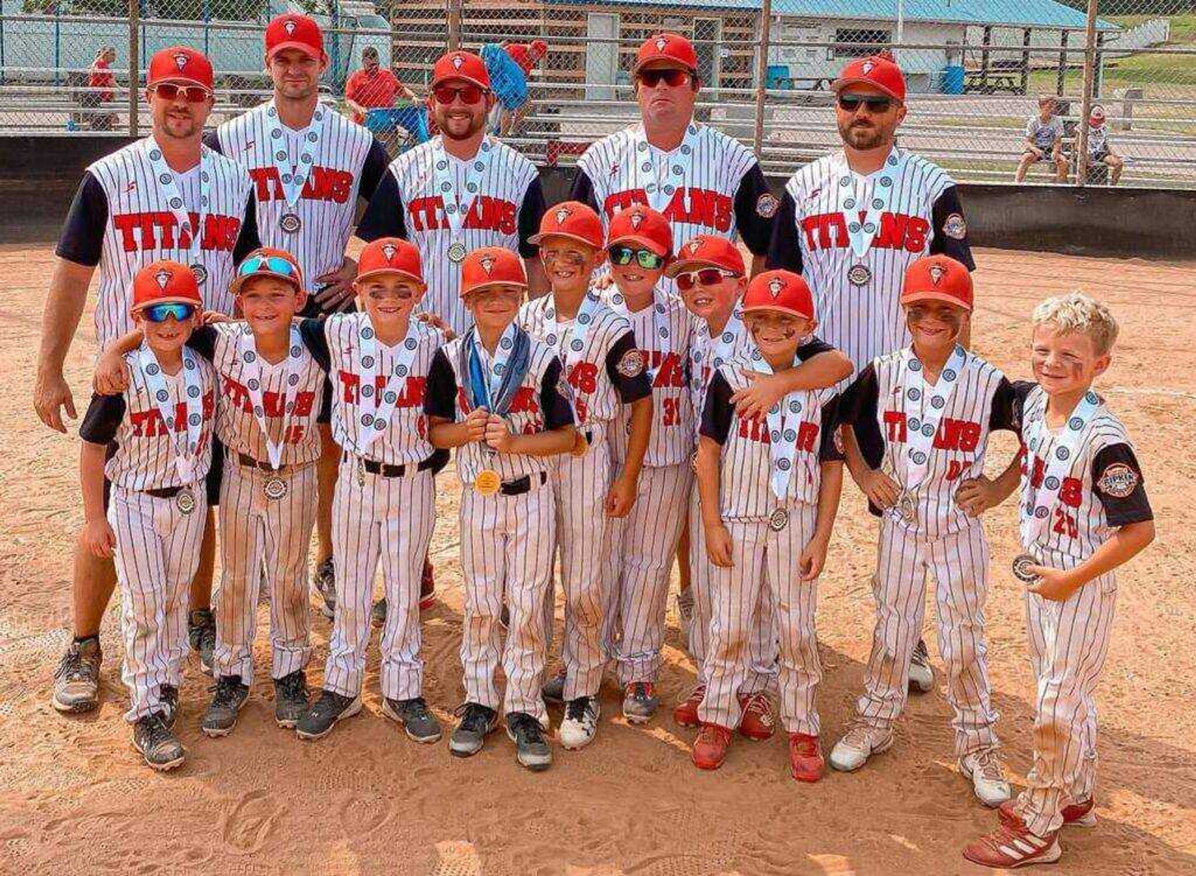 The SEMO Titans 7U baseball squad, based out of Dexter, recently won the Cal Ripken Baseball Invitational in Scott City. The team includes (front, from left) Hudson Horton, Rush Banken, Blake Mathis, Matthew Crosby, Patton Sluder, Levi Miller, Eli Hare, Beckett McCuan, Otto Orf, and Grady Miller. (Back, from left) Coaches Josh Miller, Matt Banken, Josh Williams, Landon Miller, Spencer Hare.