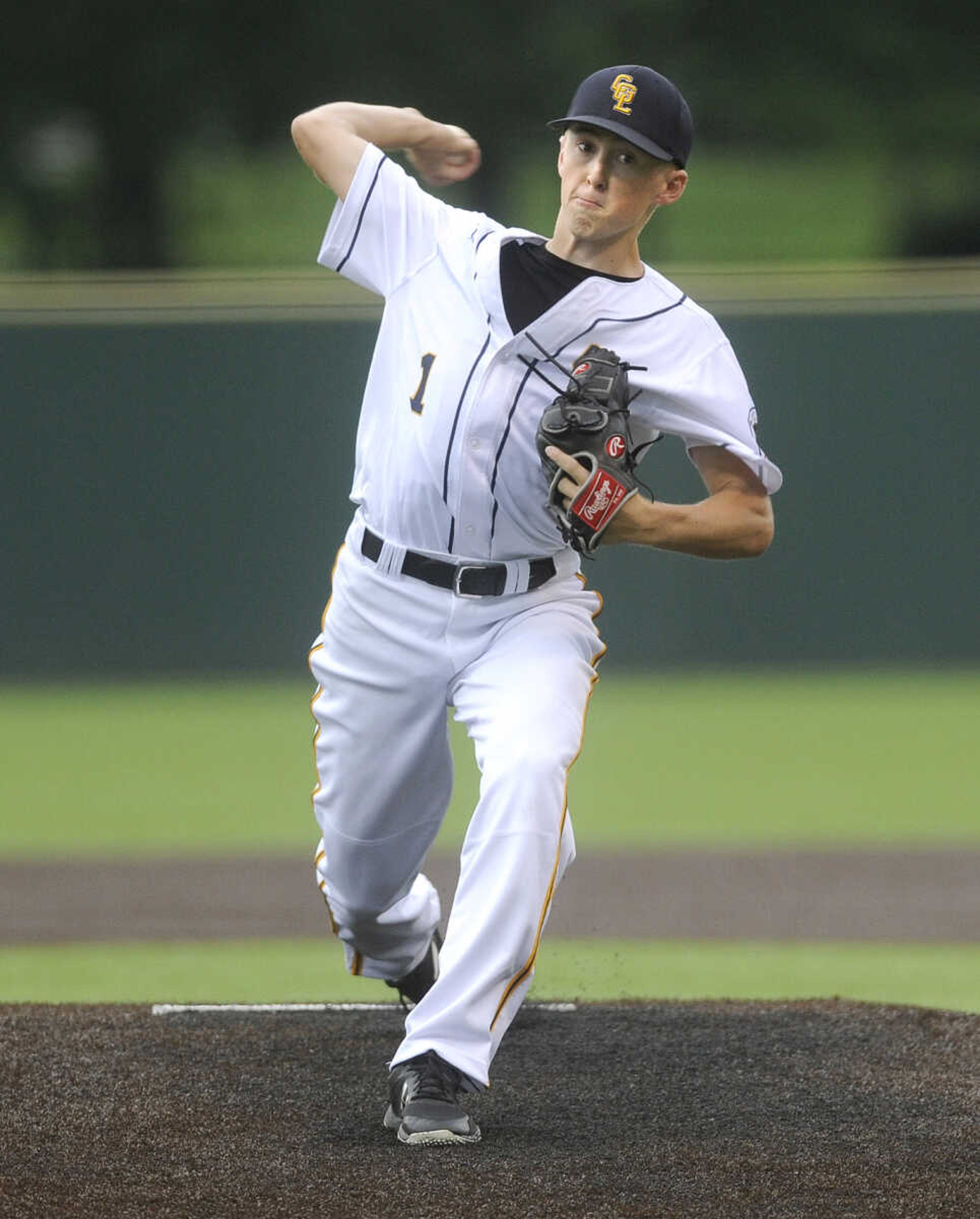 FRED LYNCH ~ flynch@semissourian.com
Cape Girardeau Post 63 Senior Legion starter Austin Dill pitches to a Pemiscot County batter during the first inning Tuesday, June 12, 2018 at Capaha Field.