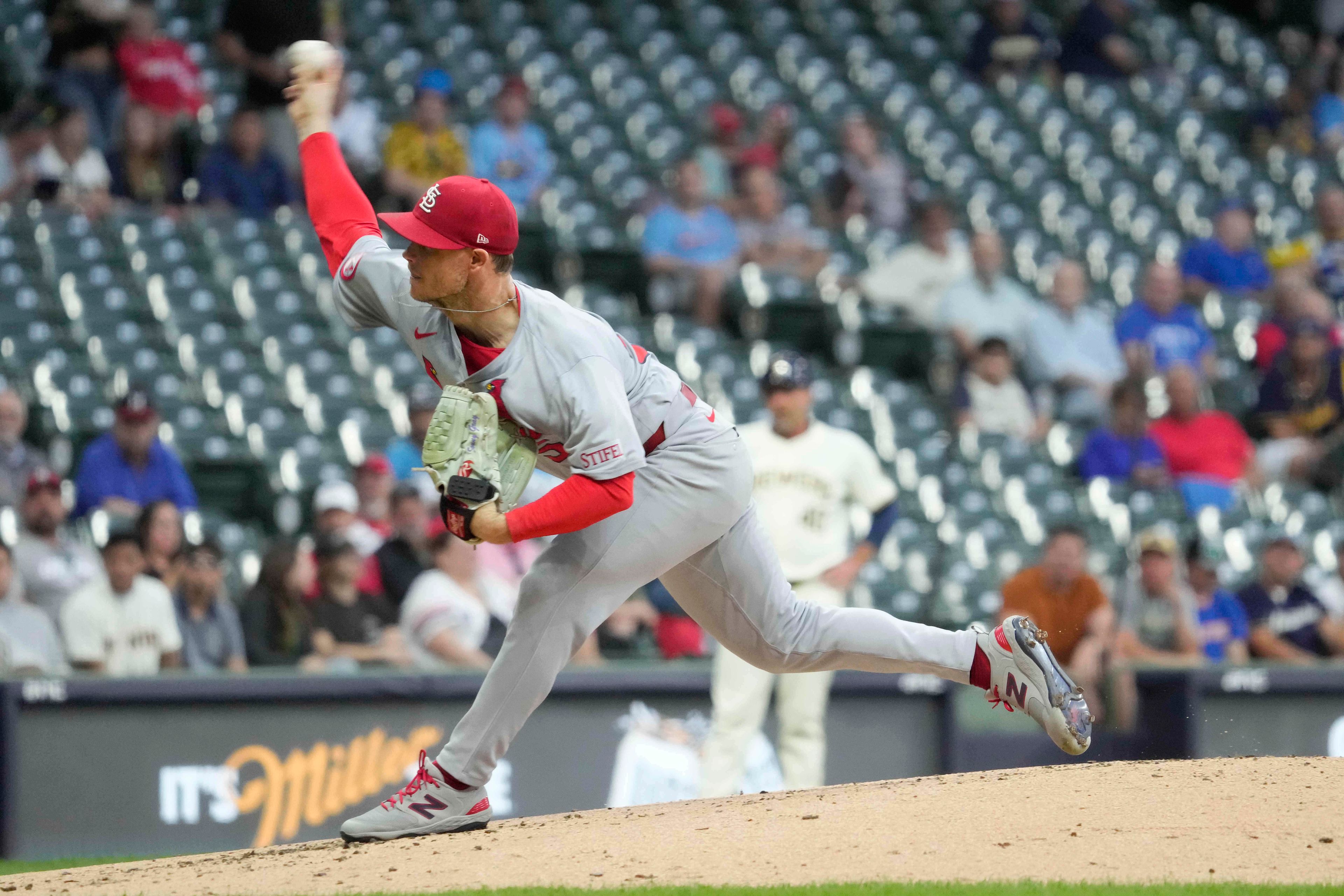 St. Louis Cardinals pitcher Sonny Gray throws during the second inning of a baseball game against the St. Louis Cardinals, Wednesday, Sept. 4, 2024, in Milwaukee. (AP Photo/Kayla Wolf)