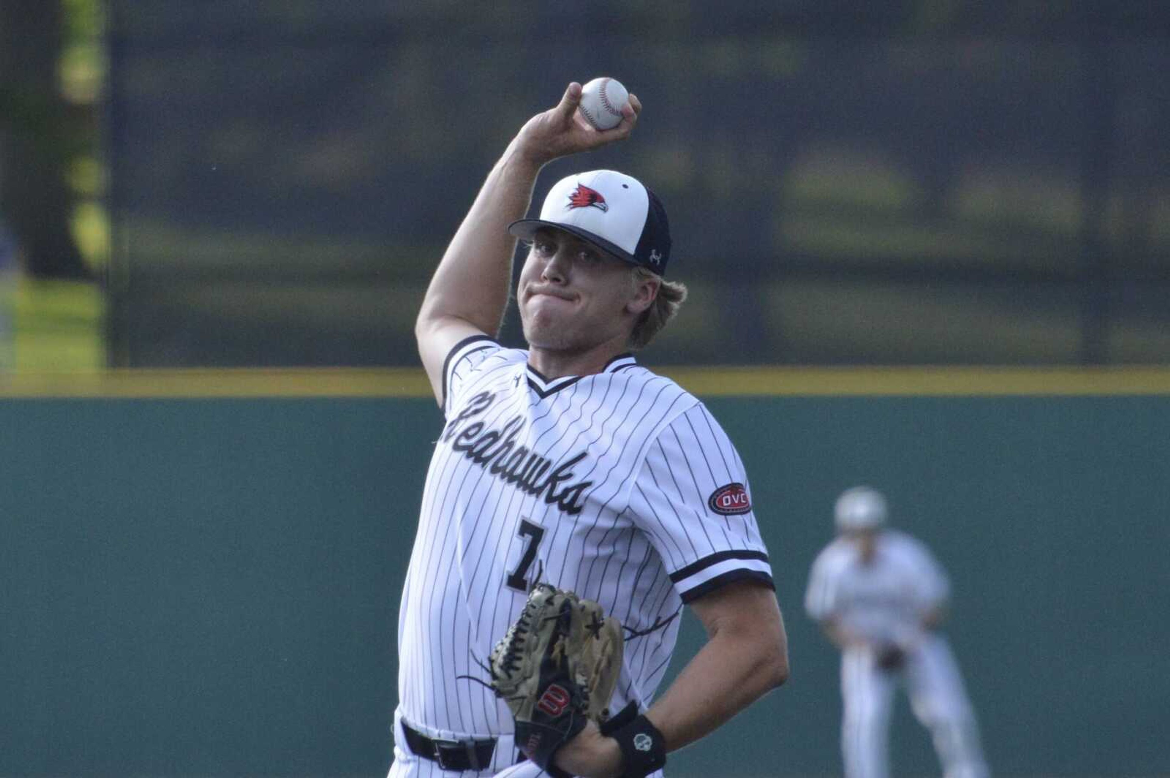 SEMO�s Kyle Miller delivers a pitch during the Redhawks� 9-5 win over UT Martin on Saturday, May 18, at Capaha Field.