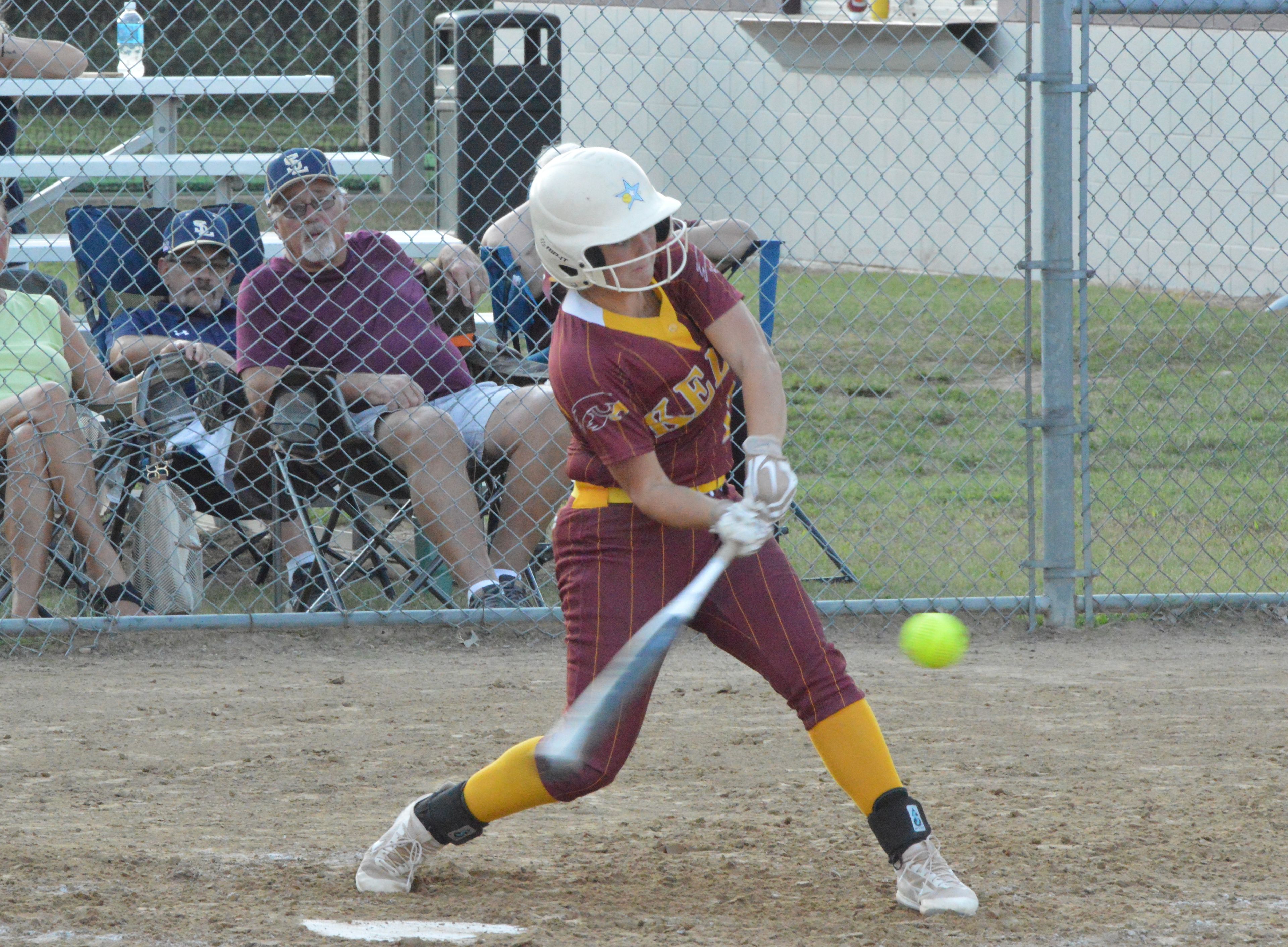 Kelly senior shortstop Blaire Riley crushes a solo shot in a 6-1 win over Saxony Lutheran on Thursday, Sept. 19. Riley tied Marissa Worth for the Kelly career home run record with 14. 