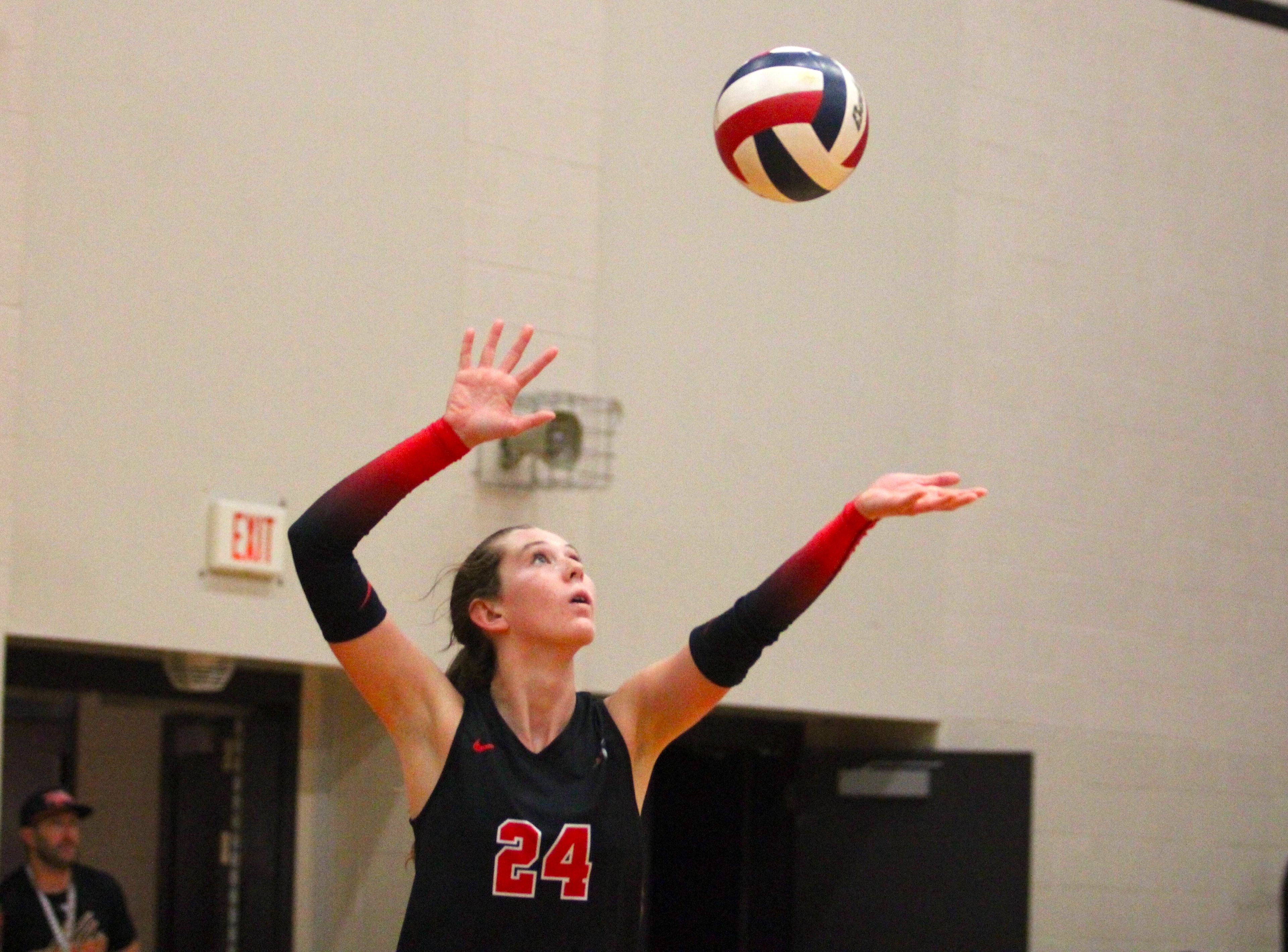 Jackson's Lauren Dorey serves the ball during the Tuesday, September 17 game between the Indians and Cape Central at Cape Central High School in Cape Girardeau, Mo. 