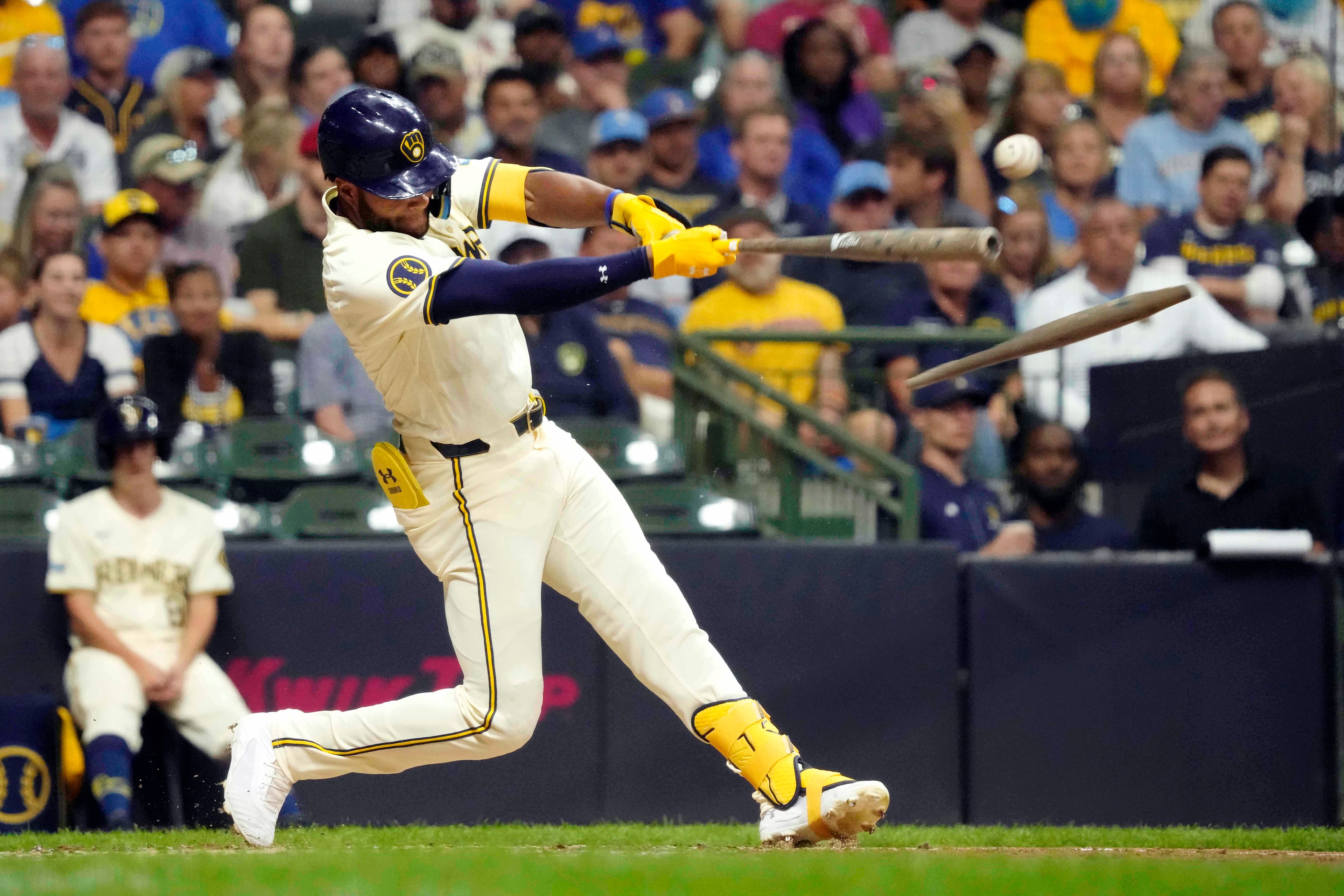 Milwaukee Brewers' Jackson Chourio hits a double during the fourth inning of a baseball game against the St. Louis Cardinals, Wednesday, Sept. 4, 2024, in Milwaukee. (AP Photo/Kayla Wolf)