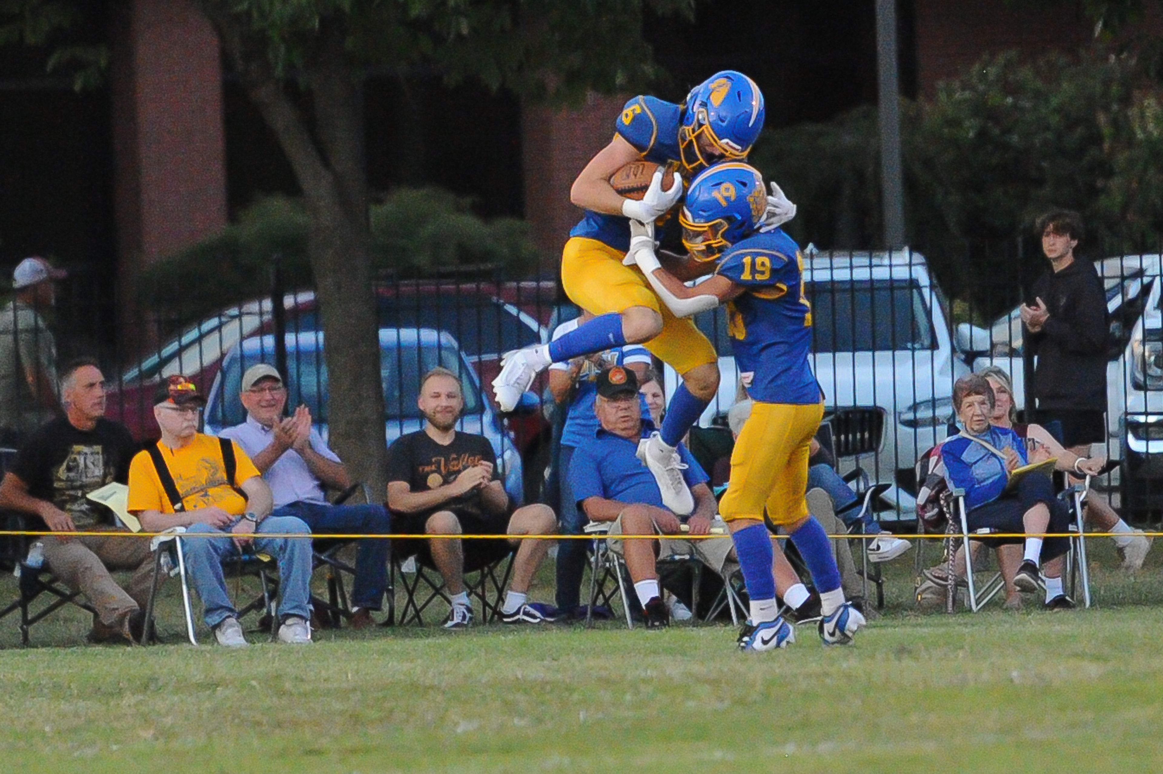 St. Vincent's Clayton Gremaud (left) and Kale Meyer (right) celebrate a kickoff return touchdown during a Friday, September 20, 2024 game between the St. Vincent Indians and the Herculaneum Blackcats at St. Vincent High School in Perryville, Mo. St. Vincent defeated Herculaneum, 47-7.