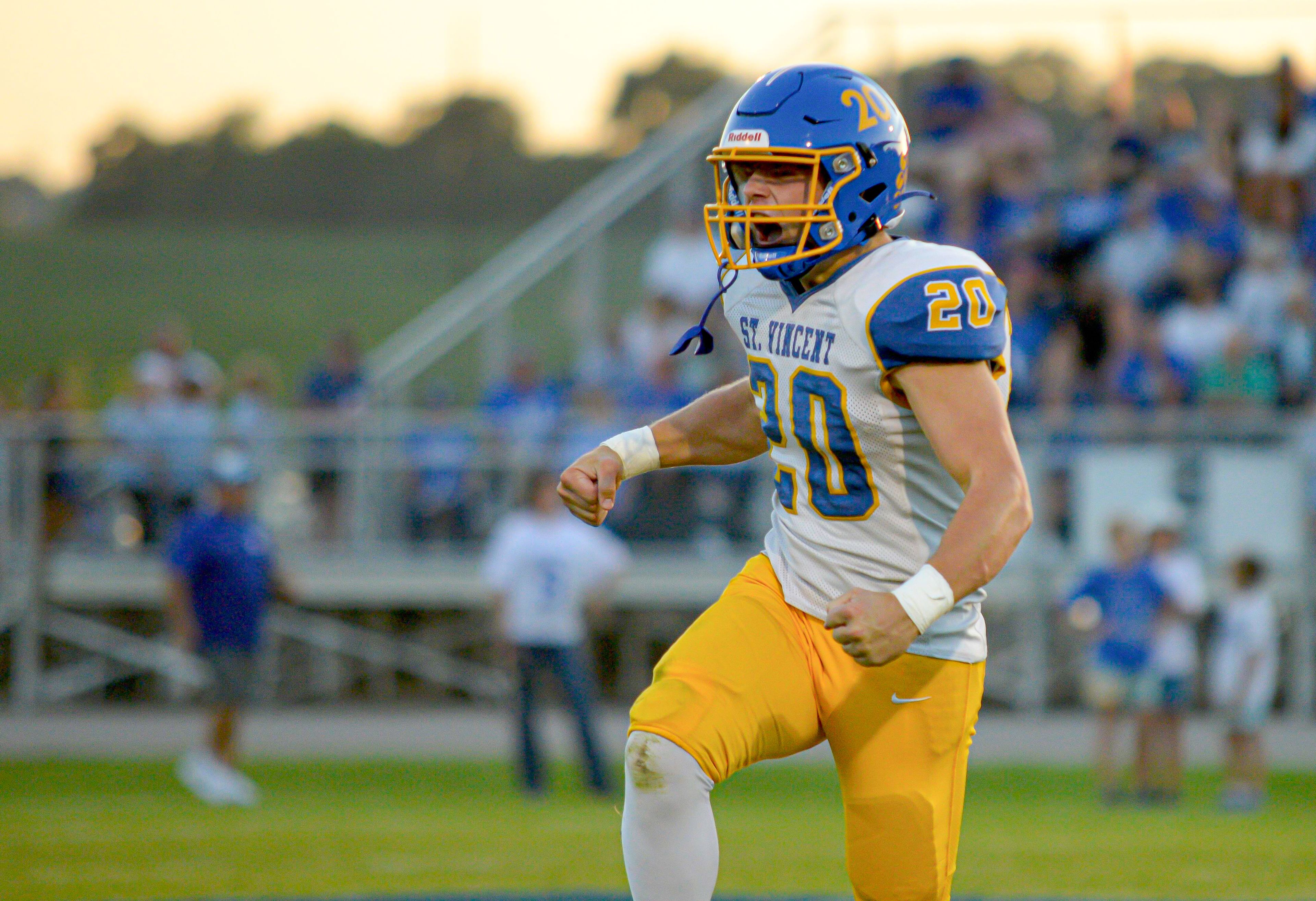 St. Vincent linebacker Wyatt Winkler reacts to making a play against Valle Catholic on Friday, Sept. 6, 2024 in Ste. Genevieve, Mo.