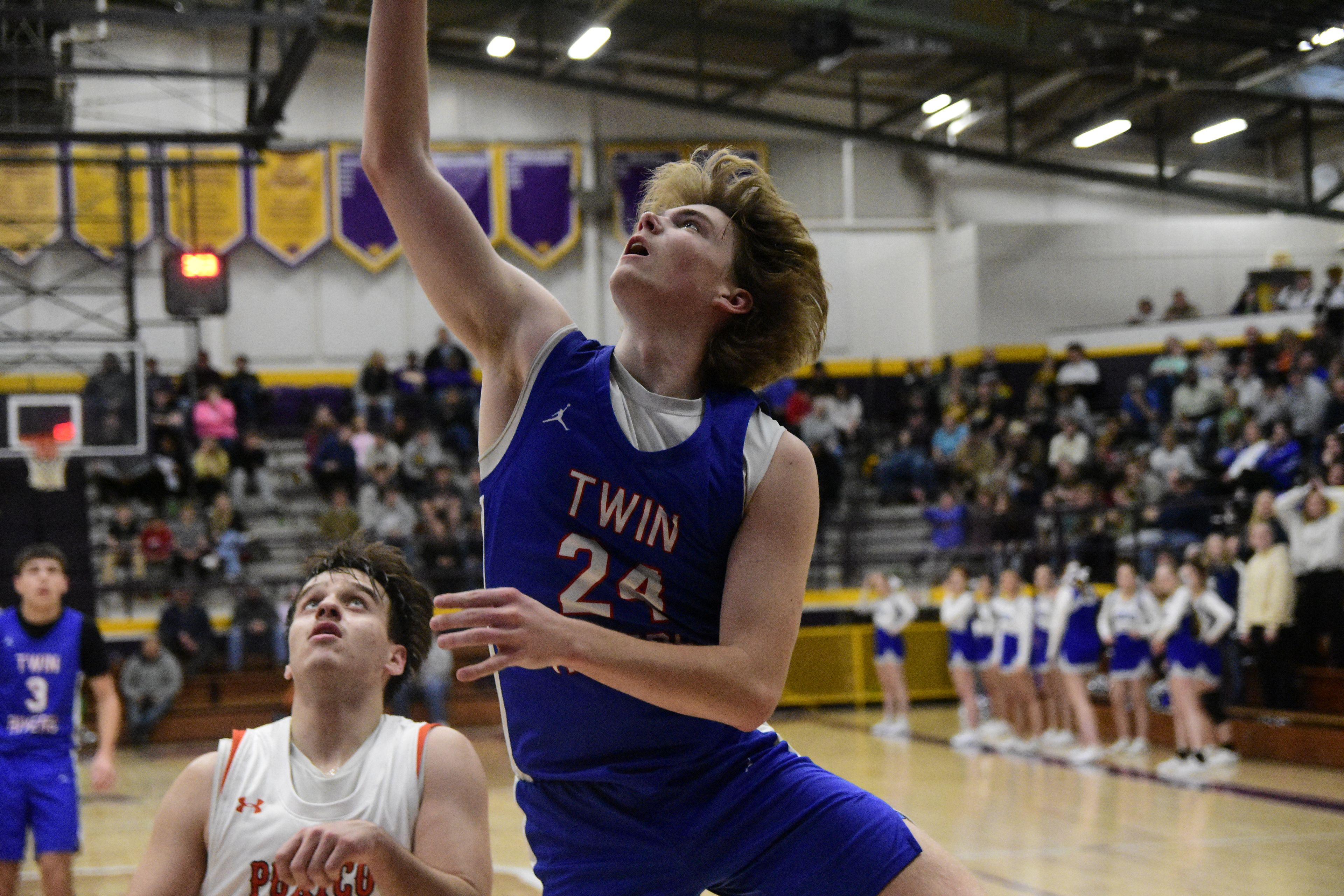 Twin Rivers’ Max Johnson puts up a layup under the basket in the first half of their semifinal game against Puxico at the Bloomfield Christmas Tournament on Monday, December 29, 2025.