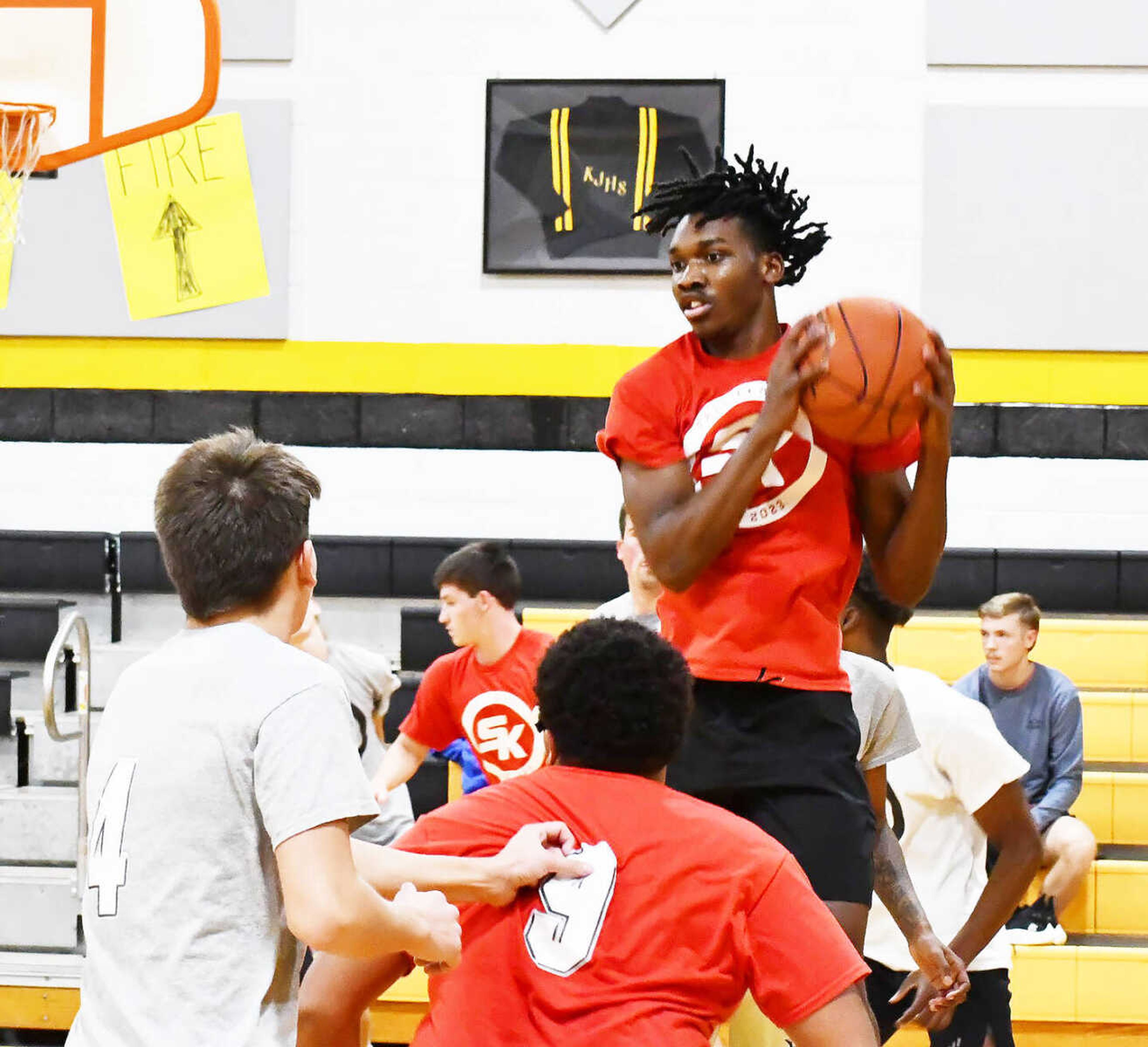 C.J. Larry from Jonesboro (Ark.) corrals a rebound during the first half of a Skeeter Kell Fall League basketball game between the Rockets and Blazers at Kennett Middle School dated Sunday, Oct. 15, 2023. Larry already has received offers from NCAA Division I and Division II schools.