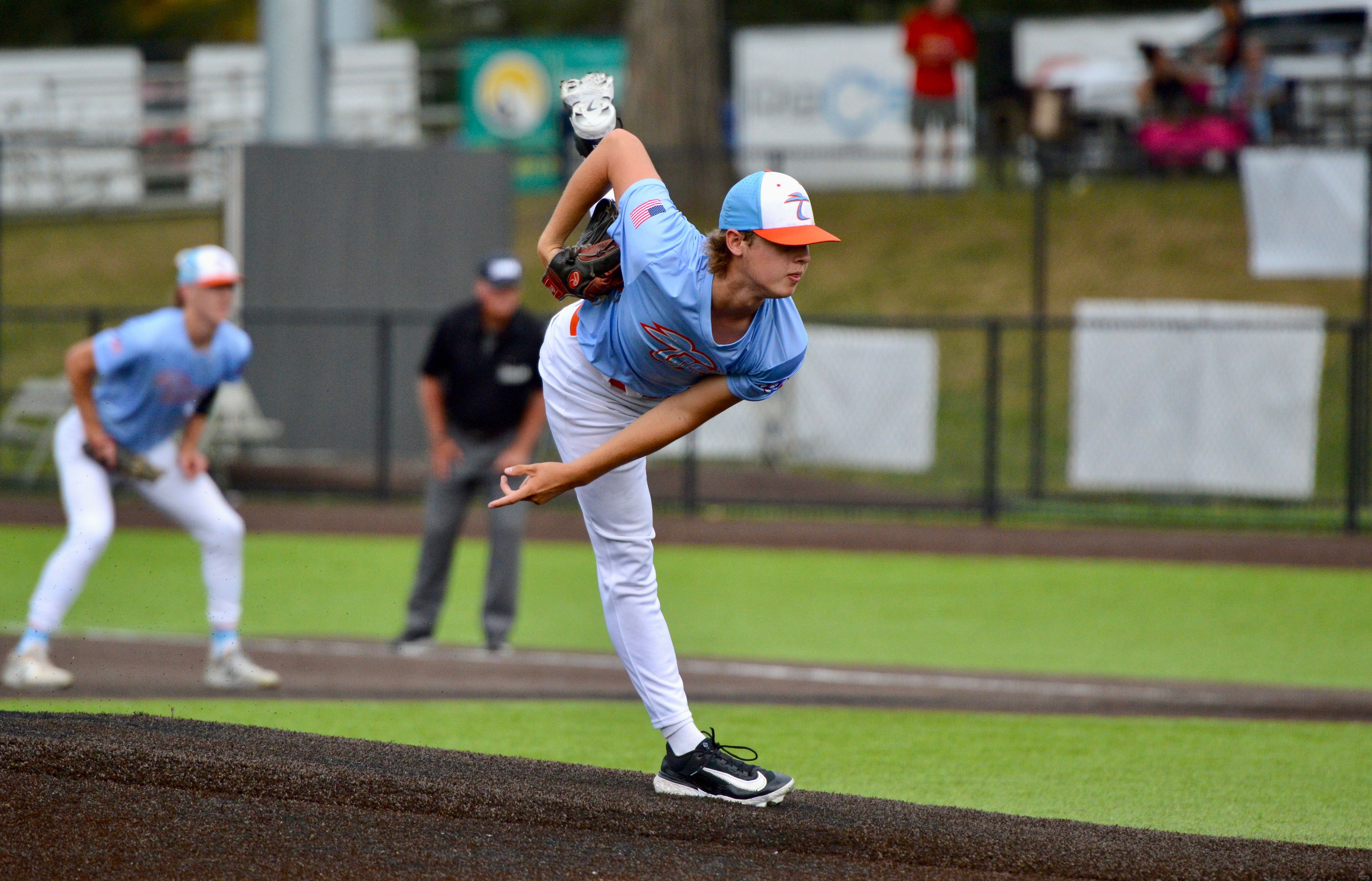 Southeast Tropics pitcher Carson McDaniel throws against Puerto Rico on Wednesday at Capaha Field.