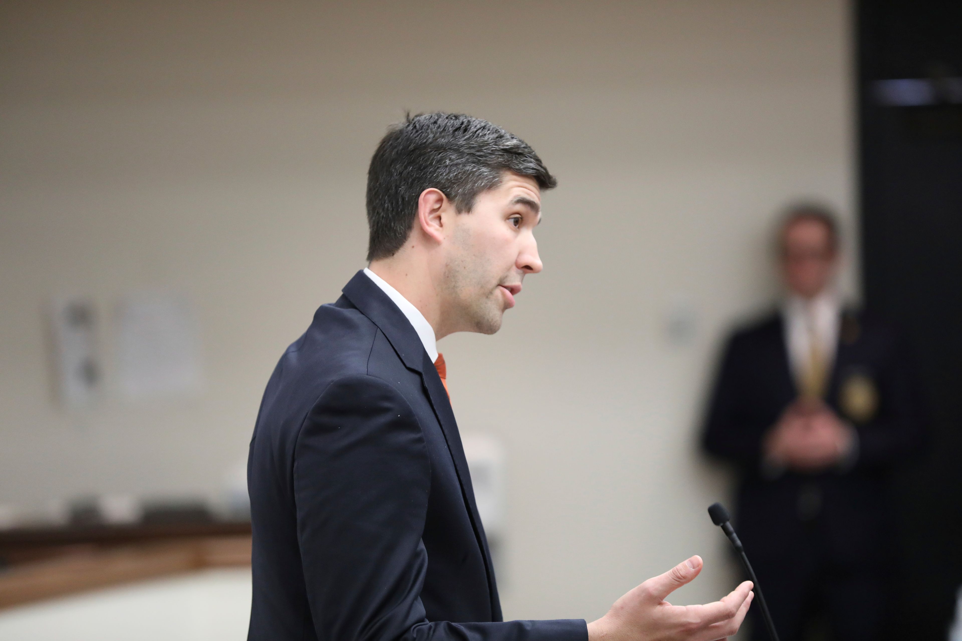 FILE - Clemson athletic director Graham Neff speaks at a meeting of a South Carolina House committee considering a bill allowing schools to help athletes with name, image and likeness deals on Tuesday, Feb. 6, 2024, in Columbia, S.C. (AP Photo/Jeffrey Collins, file)