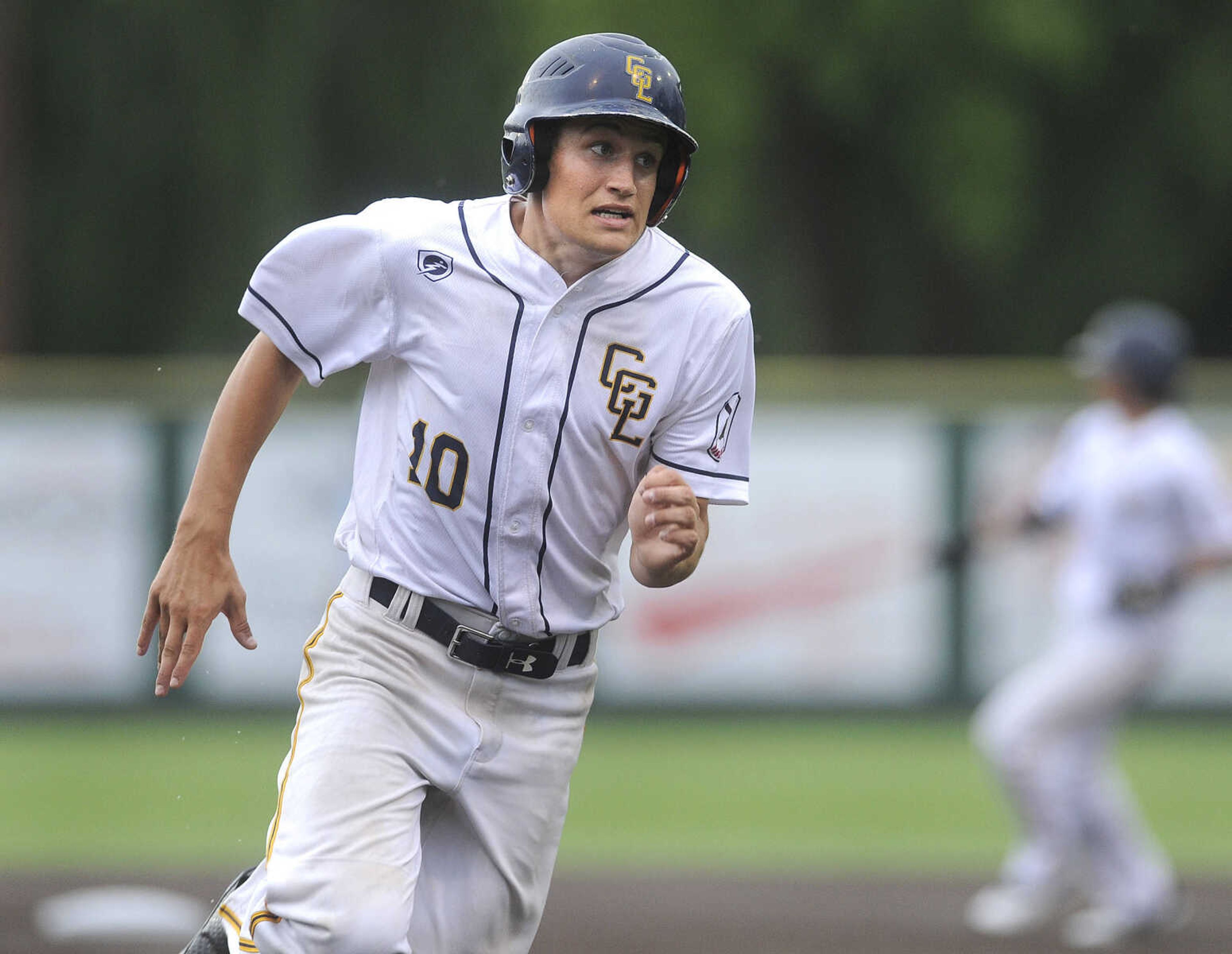 FRED LYNCH ~ flynch@semissourian.com
Cape Girardeau Senior Legion's Cooper Crosnoe heads for home on a hit by Layne Robinson against Pemiscot County during the third inning Tuesday, June 12, 2018 at Capaha Field.