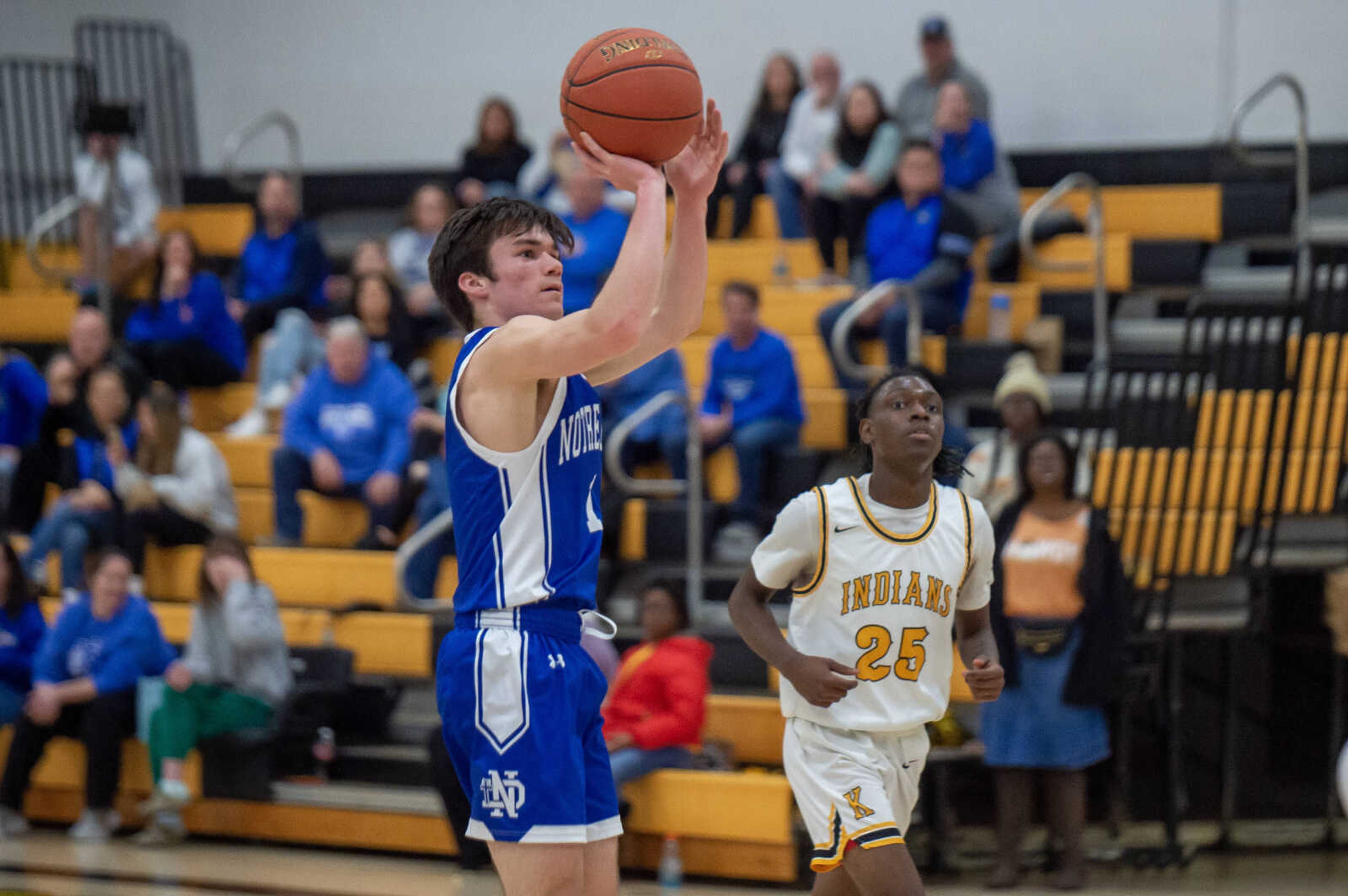 Notre Dame's Logan Landewee (1) fires off a shot during a game at Kennett Friday, Jan. 12.