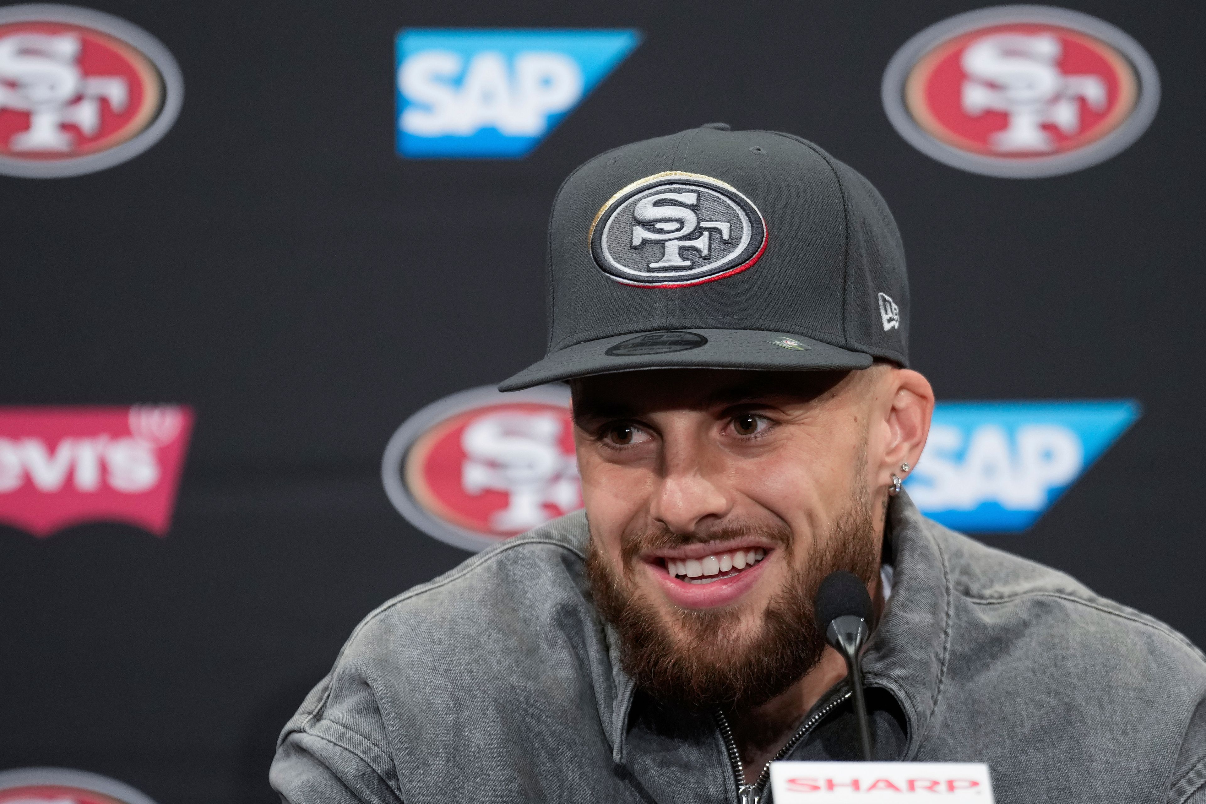 FILE - San Francisco 49ers first round draft pick Ricky Pearsall speaks at an NFL football news conference, April 26, 2024, at the team's facility in Santa Clara, Calif. (AP Photo/Godofredo A. Vásquez, File)