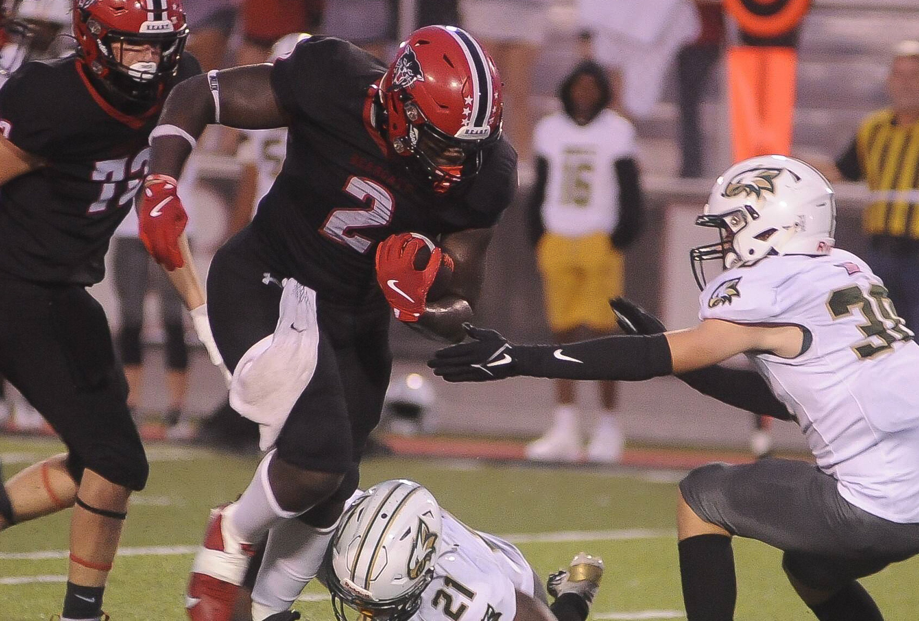 Dexter's Jett Grams cuts through defenders during a Friday, September 13, 2024 game between the Dexter Bearcats and the New Madrid County Central Eagles at Charles Bland Stadium in Dexter, Mo.