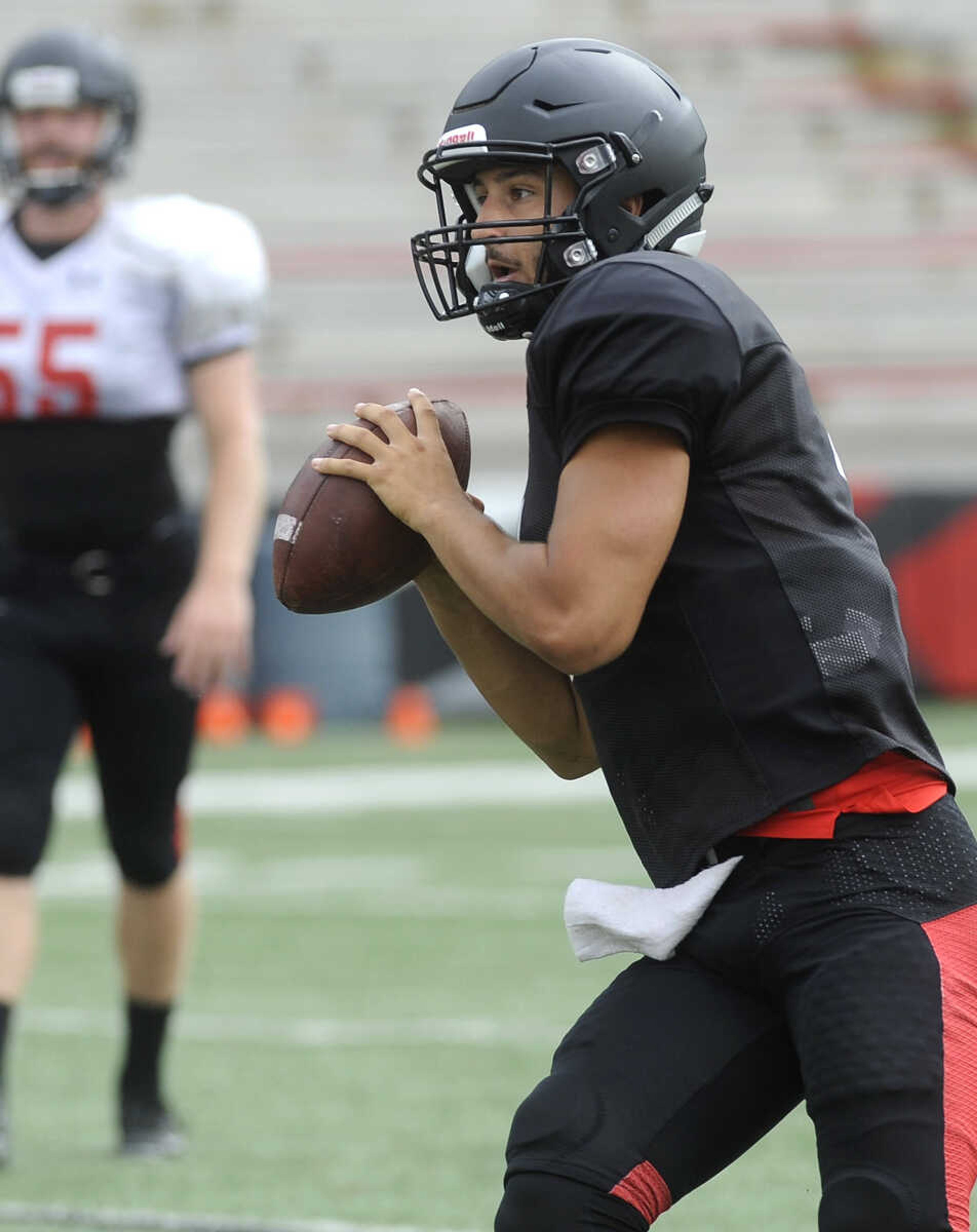 FRED LYNCH ~ flynch@semissourian.com
Southeast Missouri State quarterback Anthony Cooper looks to pass during the last preseason scrimmage Saturday, Aug. 18, 2018 at Houck Field.