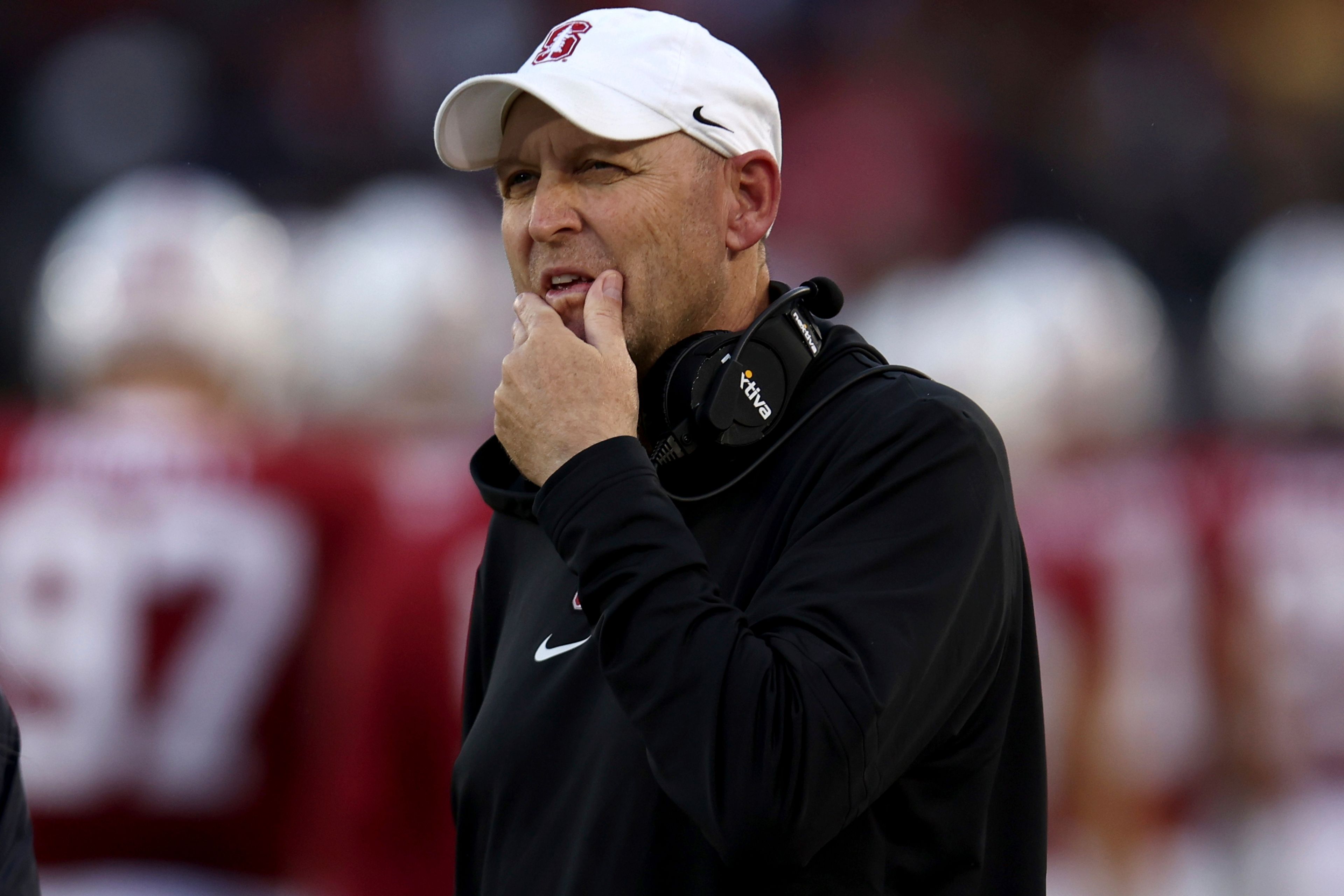 FILE - Stanford head coach Troy Taylor stands on the sidelines during the first half of an NCAA college football game against California in Stanford, Calif., Nov. 18, 2023. (AP Photo/Jed Jacobsohn, File)