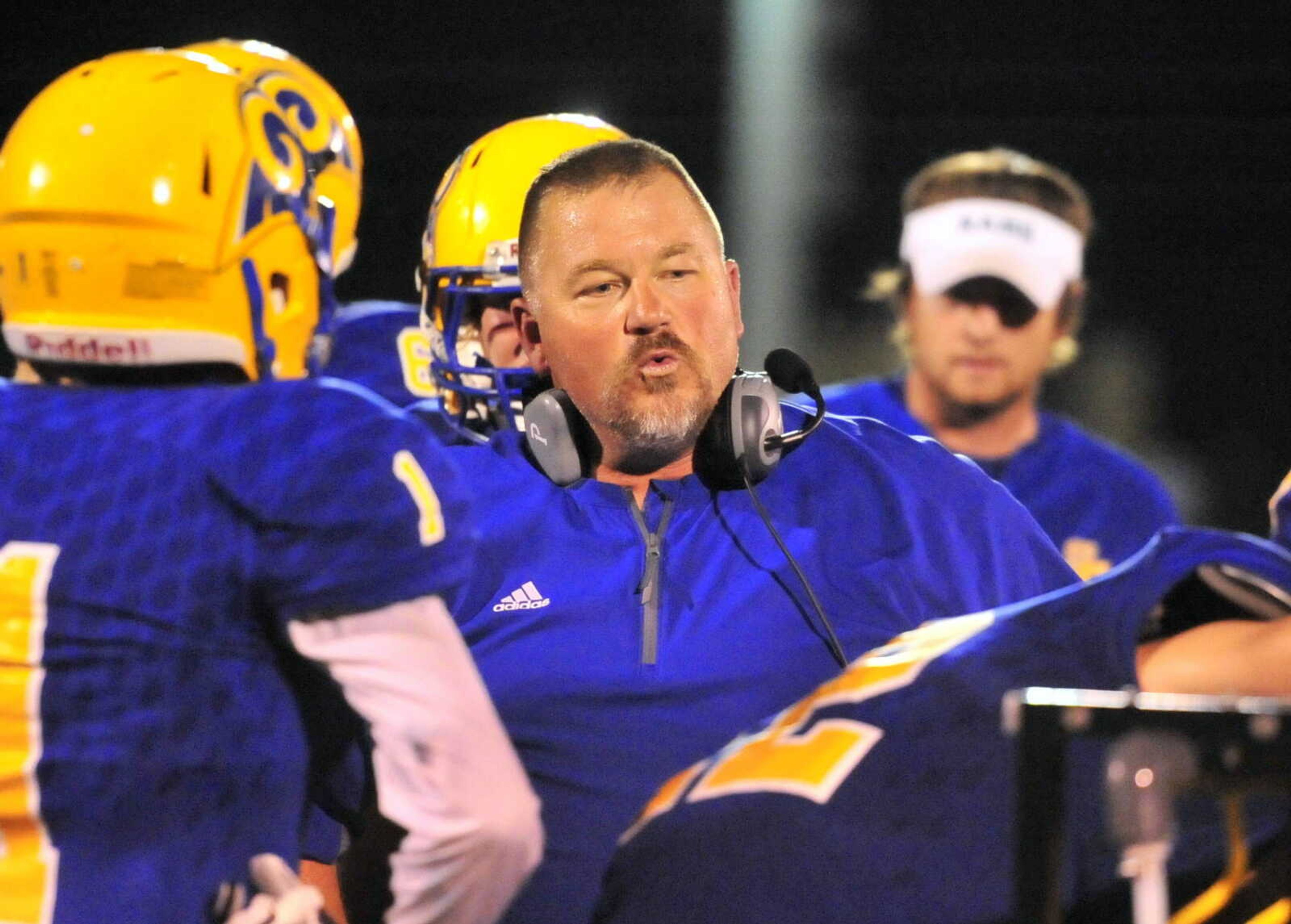 Scott City coach Jim May talks to his team during a timeout in the second quarter against Portageville on Friday, Sept. 22, 2017, at Scott City High School.