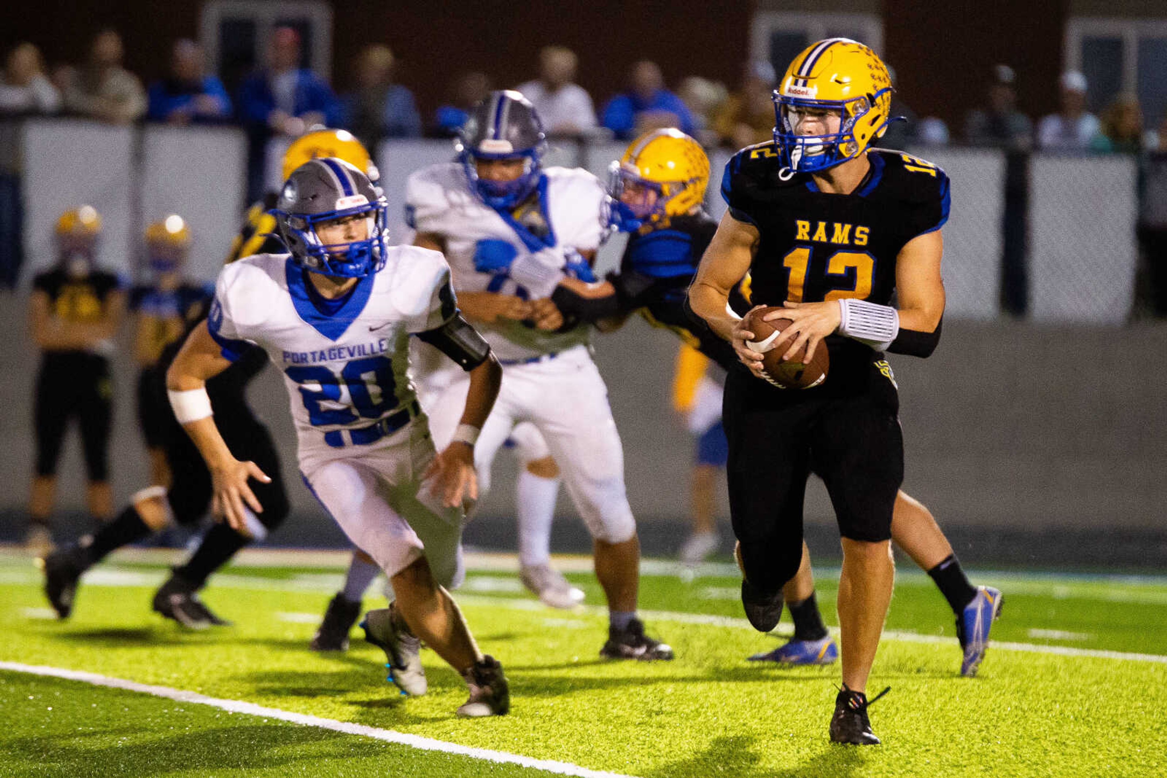 Scott City's Mark Panagos carries the ball against Portageville in a Class 1 District 1 semifinal matchup Friday at Scott City High School.