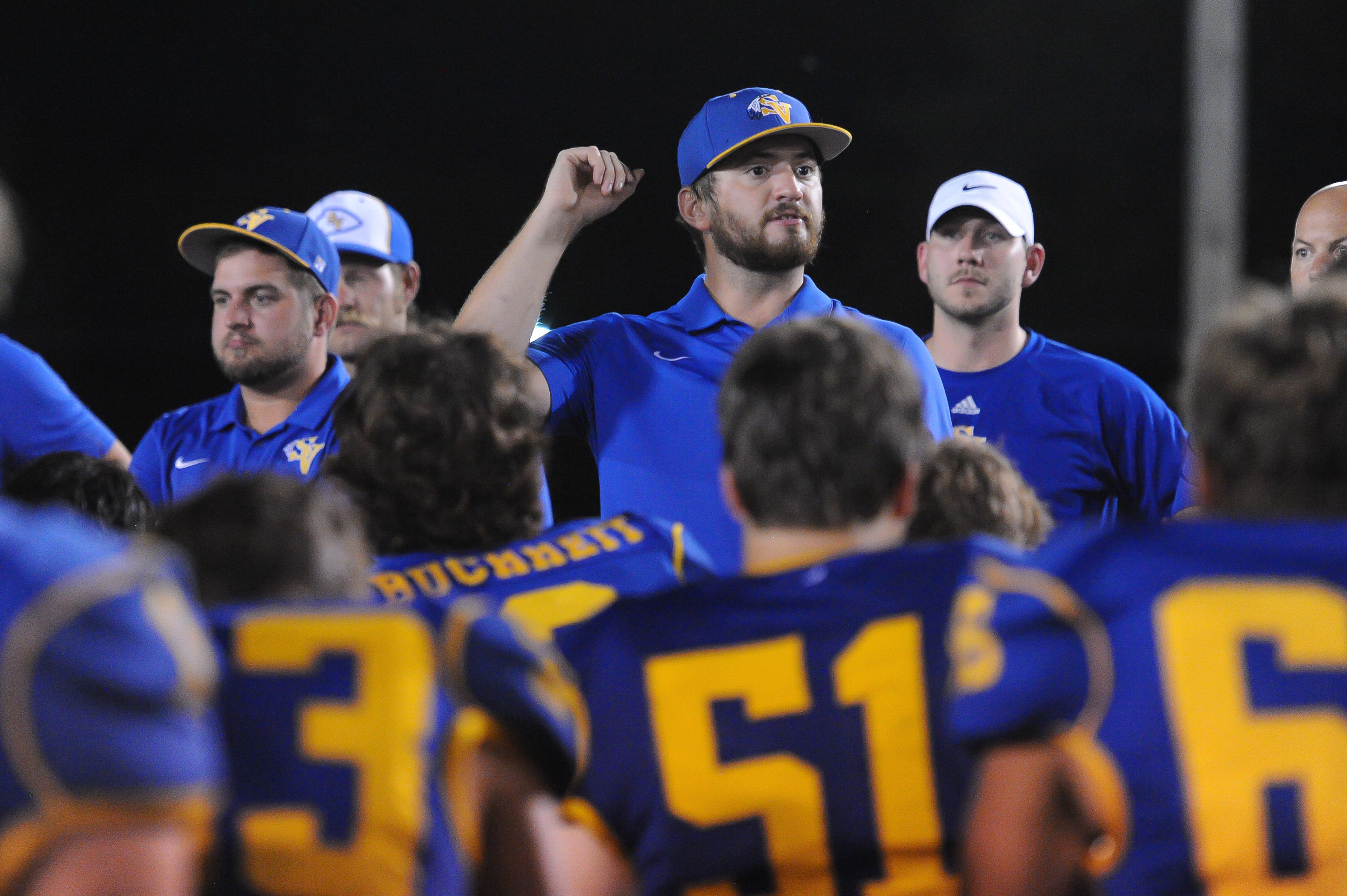 St. Vincent coach Tim Schumer talks to his players after a Friday, September 20, 2024 game between the St. Vincent Indians and the Herculaneum Blackcats at St. Vincent High School in Perryville, Mo. St. Vincent defeated Herculaneum, 47-7.