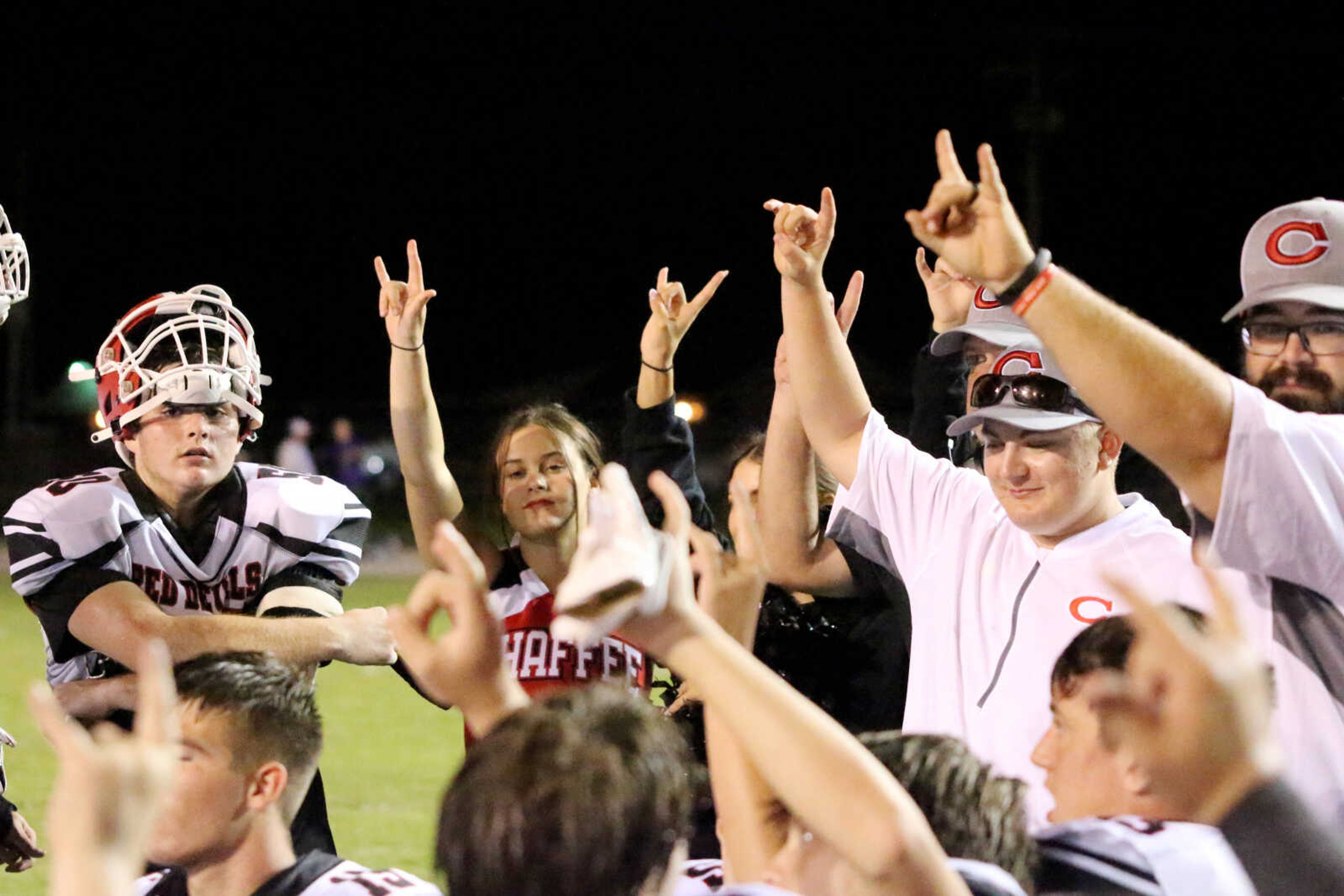 Chaffee celebrates following&nbsp;a 14-12 win at John Harris Marshall Stadium in Charleston, Missouri on Thursday, August 31, 2023.&nbsp;