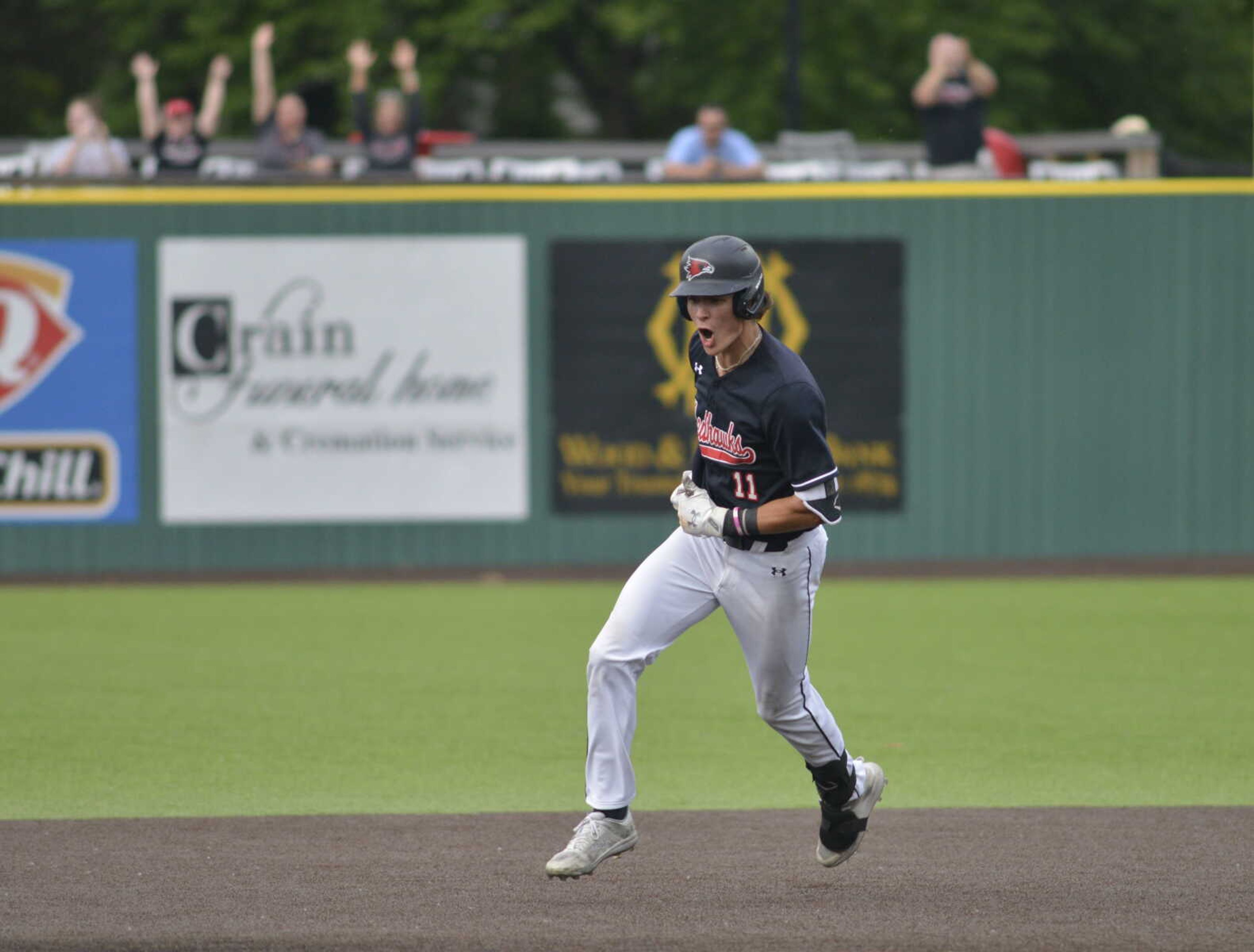 Southeast's Ben Palmer celebrates while rounding the bases during a Friday, May 17, 2024 game between the Southeast Missouri State Redhawks and the Tennesee-Martin Skyhawks at Capaha Field in Cape Girardeau, Mo.