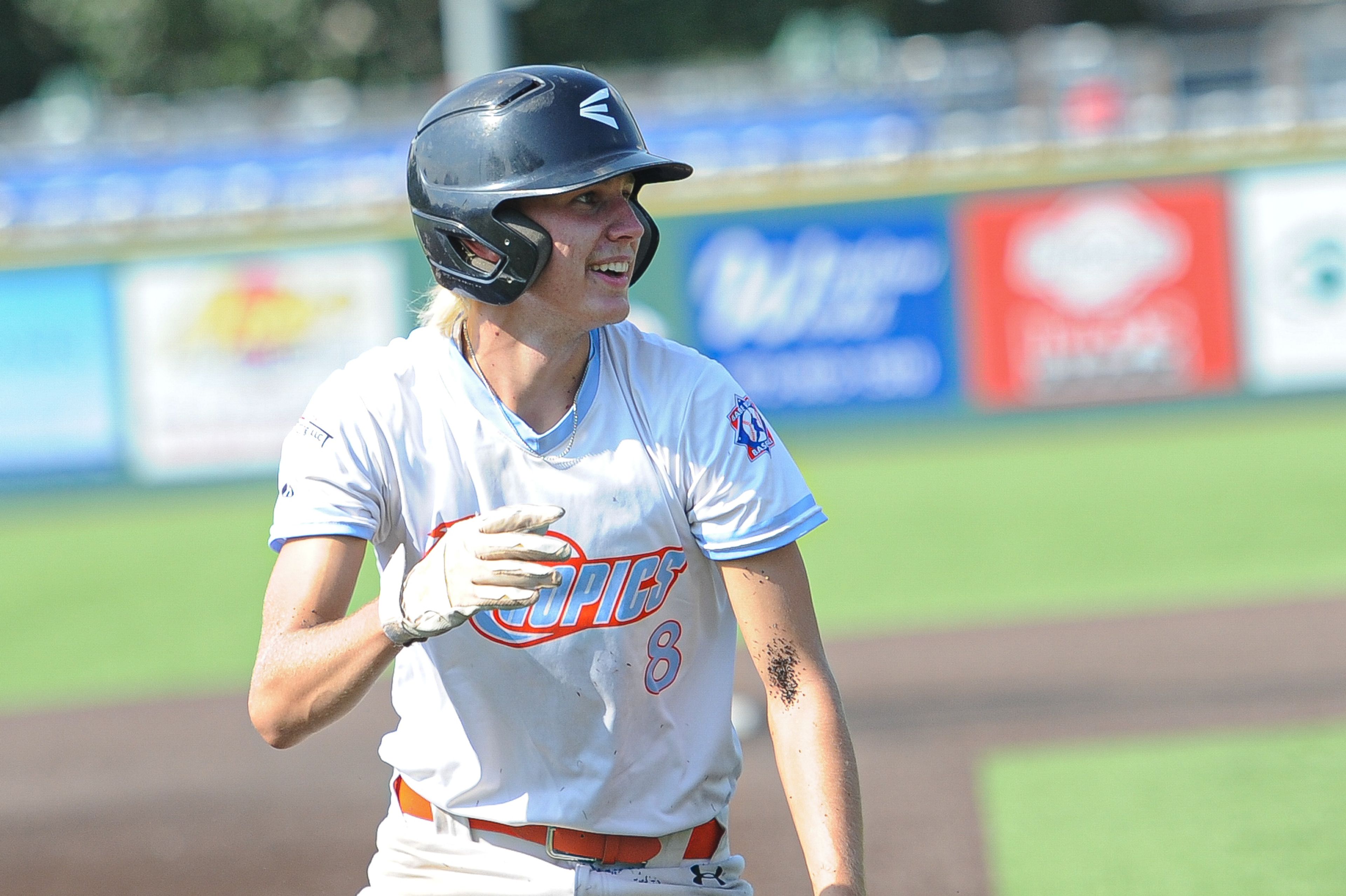 Southeast's Ross Peters smiles at third during the August 15, 2024 Babe Ruth World Series third-place game between the Charleston Fighting Squirrels and the Southeast Tropics at Capaha Field in Cape Girardeau, Mo. Southeast defeated Charleston, 11-2 in five innings.