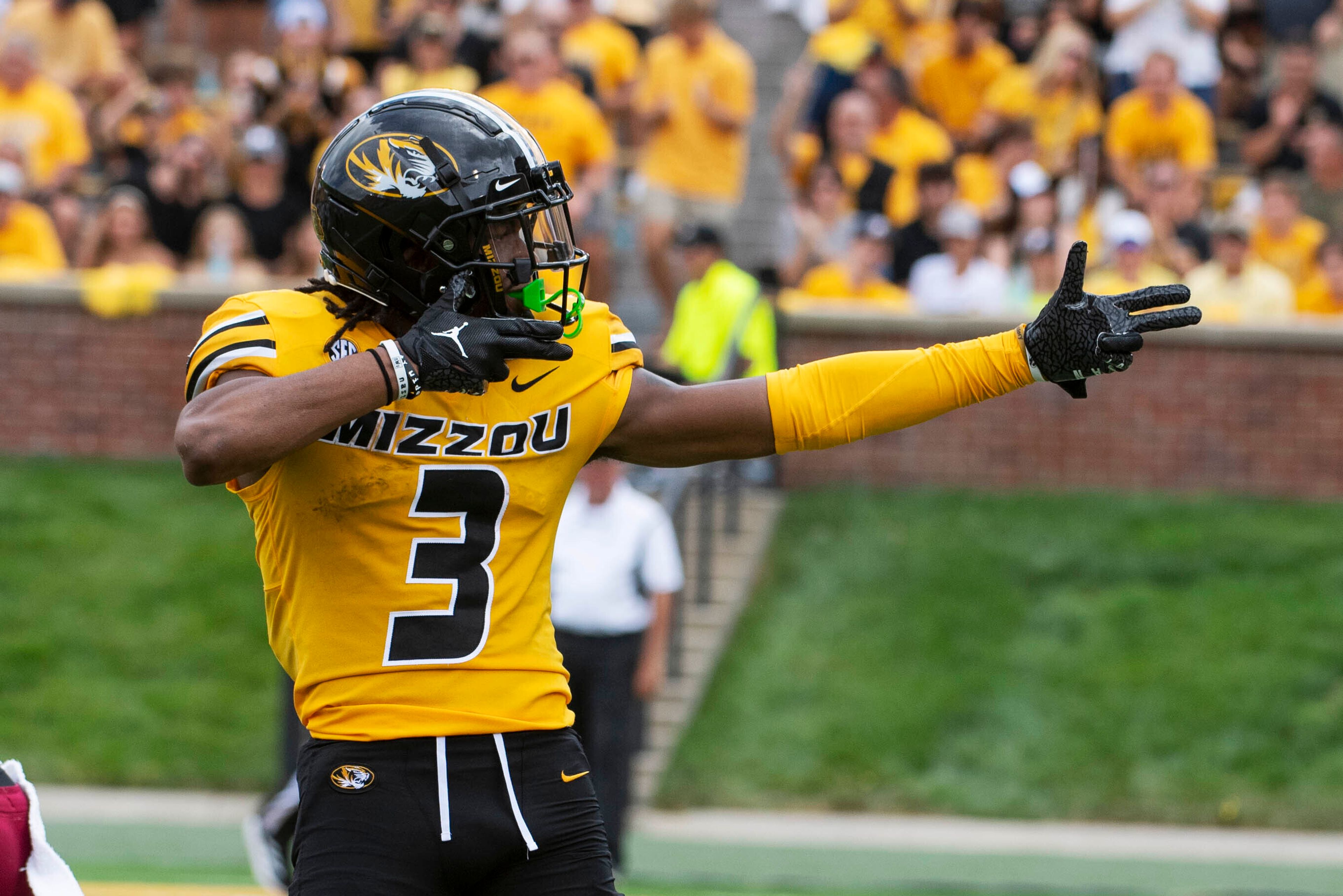 Missouri wide receiver Luther Burden III celebrates a first down during the second half of an NCAA college football game against Boston College, Saturday, Sept. 14, 2024, in Columbia, Mo. Missouri won 27-21.(AP Photo/L.G. Patterson)