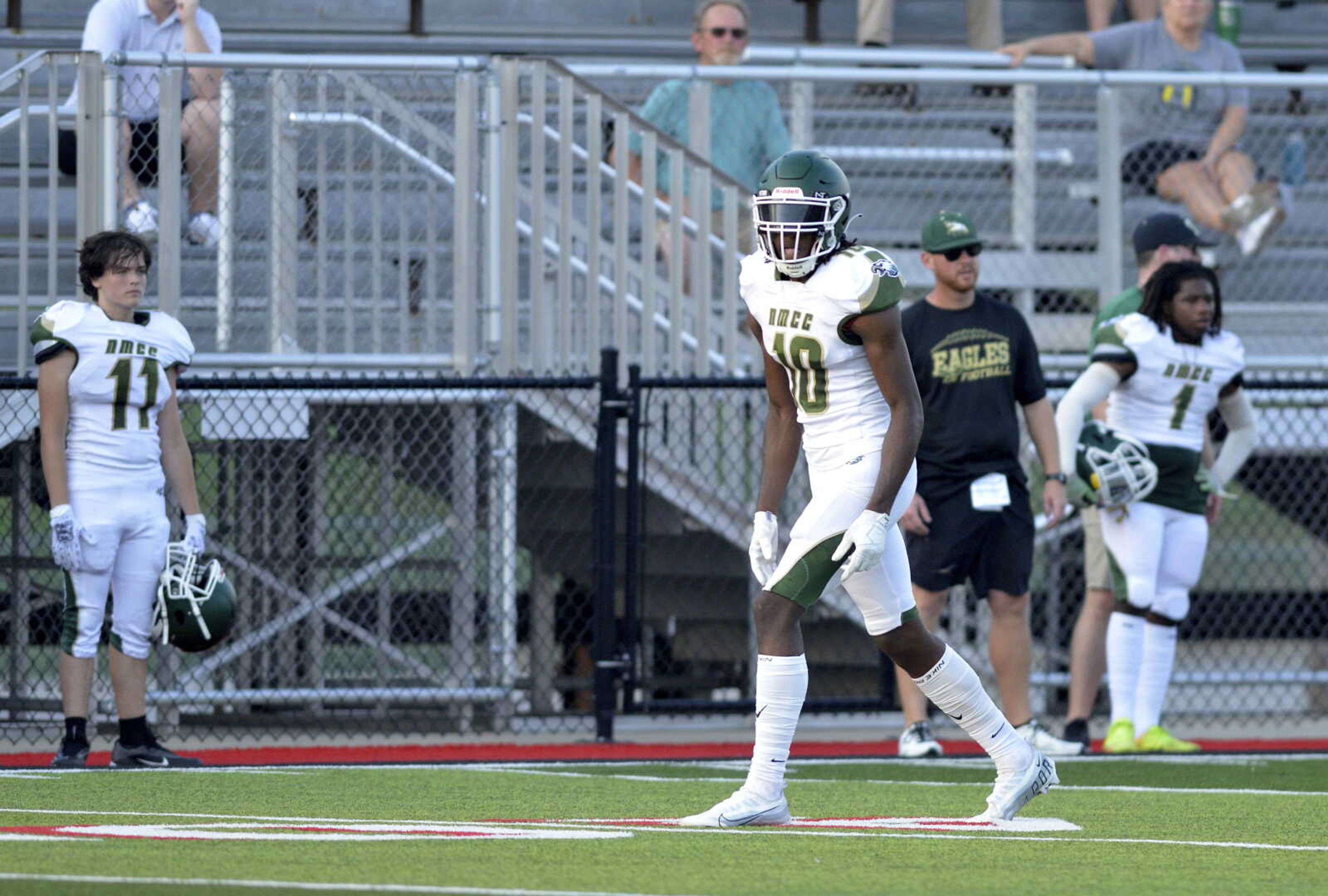 NMCC's Jadis Jones (10) lines up a wide receiver during a scrimmage at Jackson High School earlier this summer.