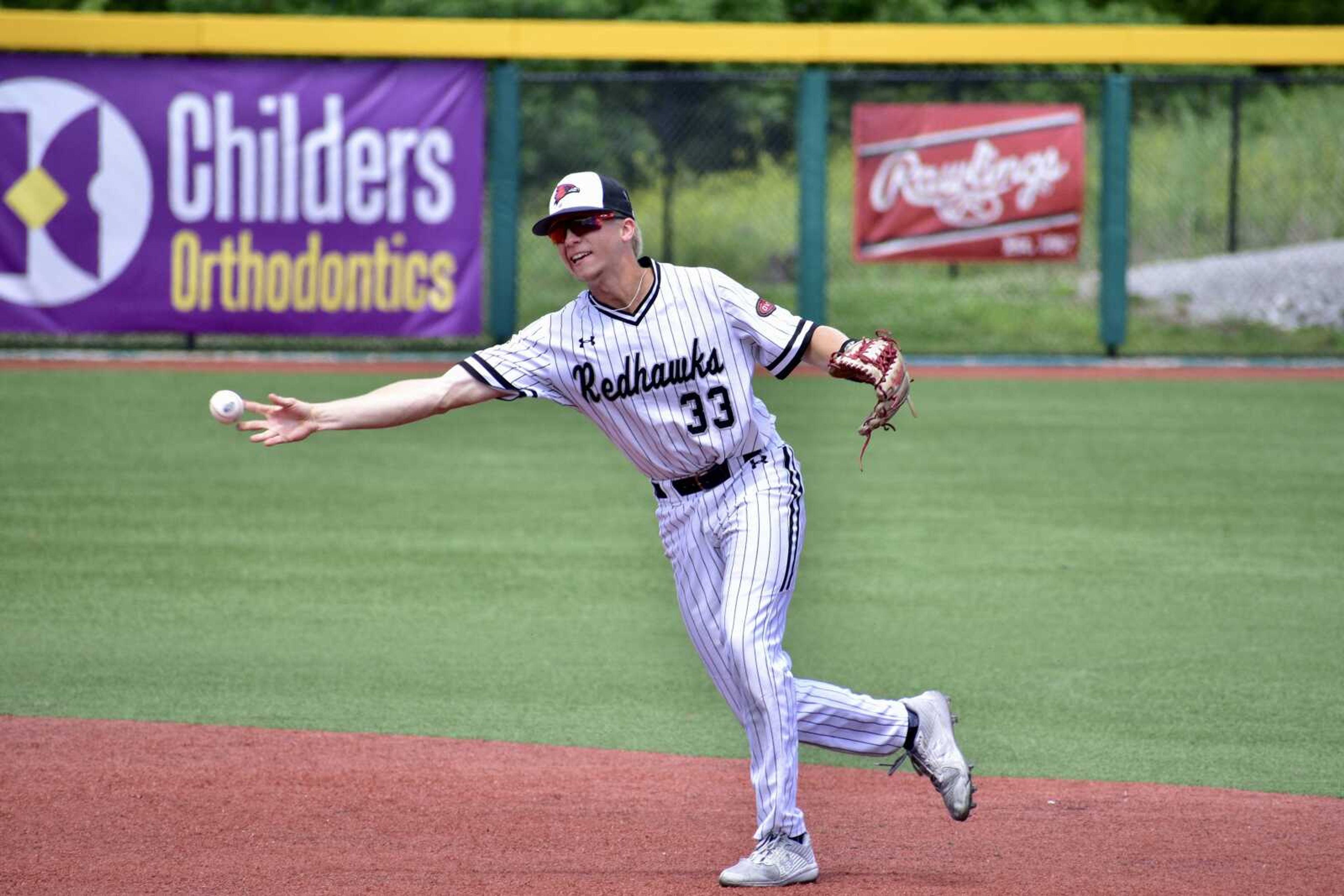 Southeast Missouri State infielder Brooks Kettering throws to first base during the OVC Tournament championship game against Morehead State on Saturday, May 25, in Marion, Ill.