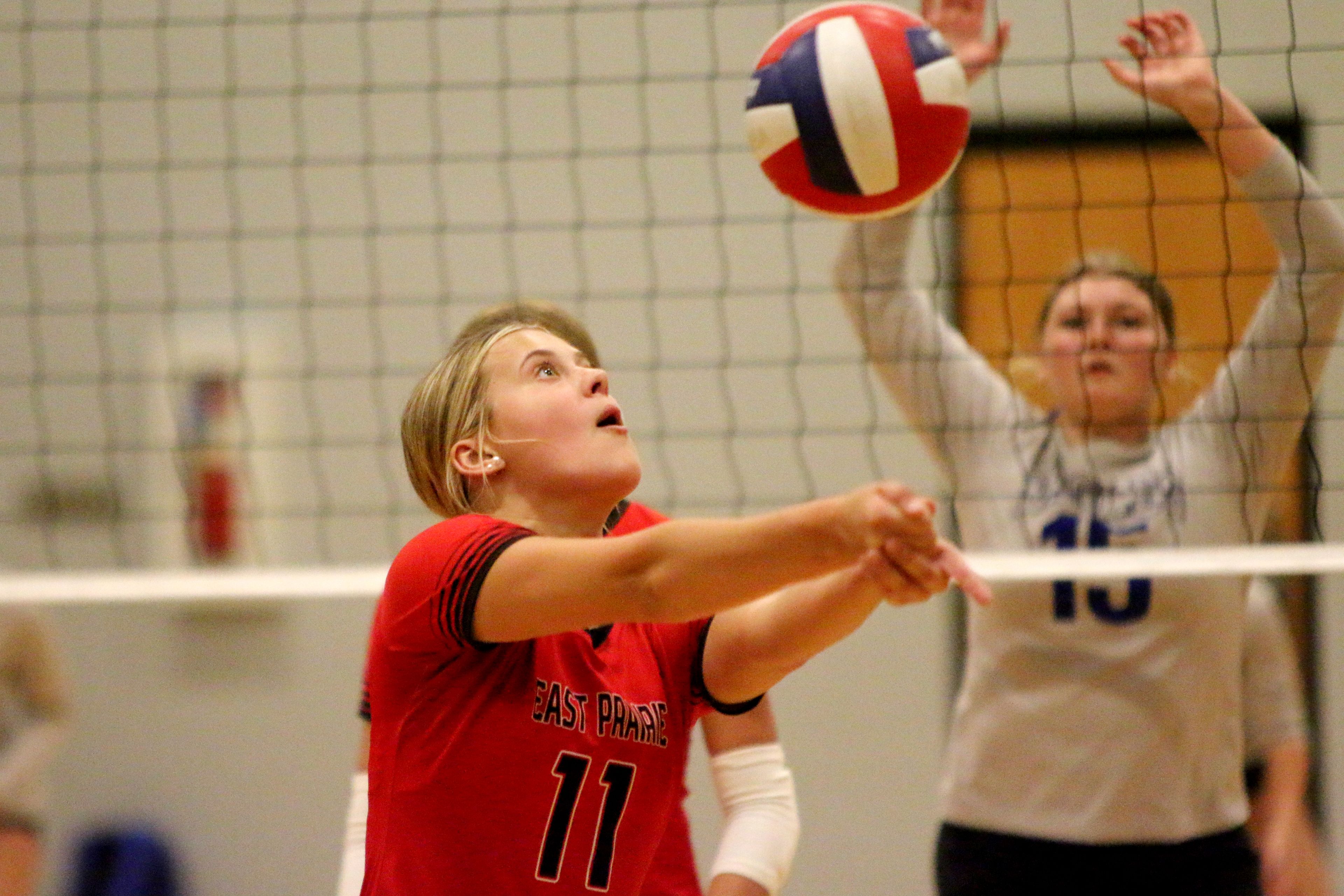 East Prairie's Olivia Hayes (11) digs during a 3-2 victory over Oran on Thursday, Sep. 5, 2024.
