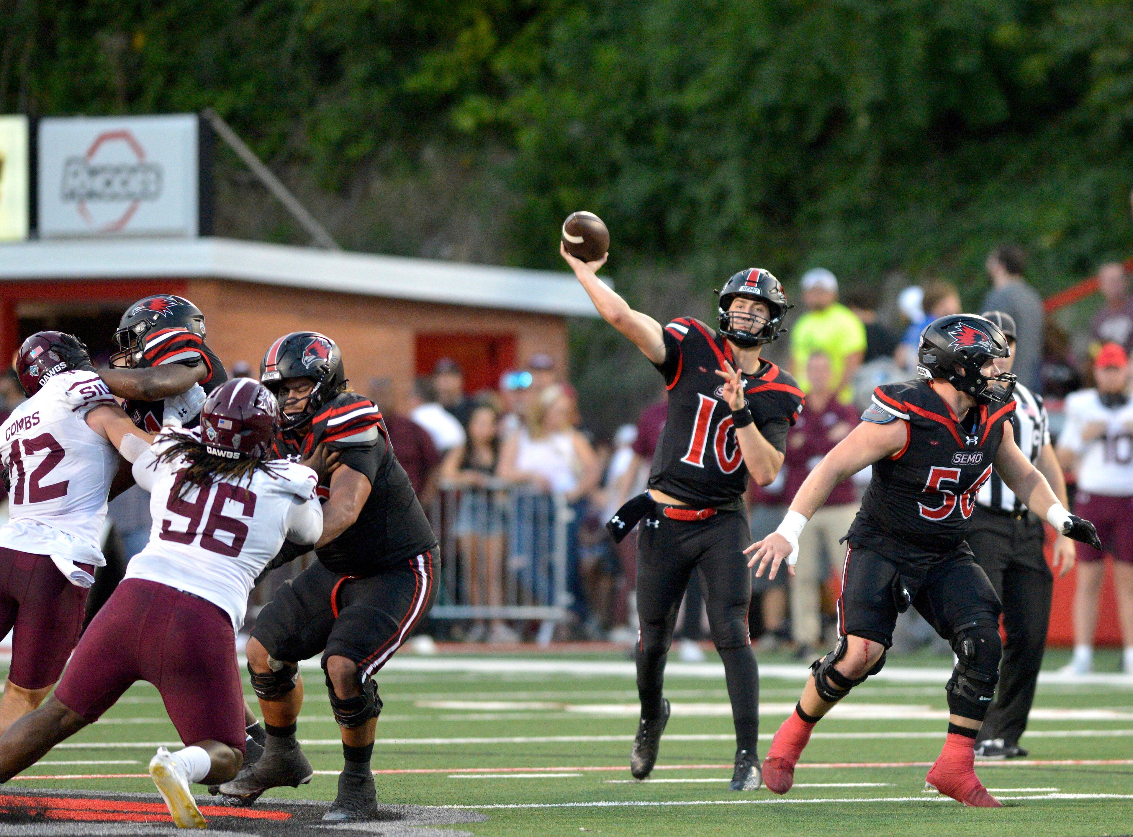 Southeast Missouri State quarterback Paxton DeLaurent throws a pass against Southern Illinois last year at Houck Field.