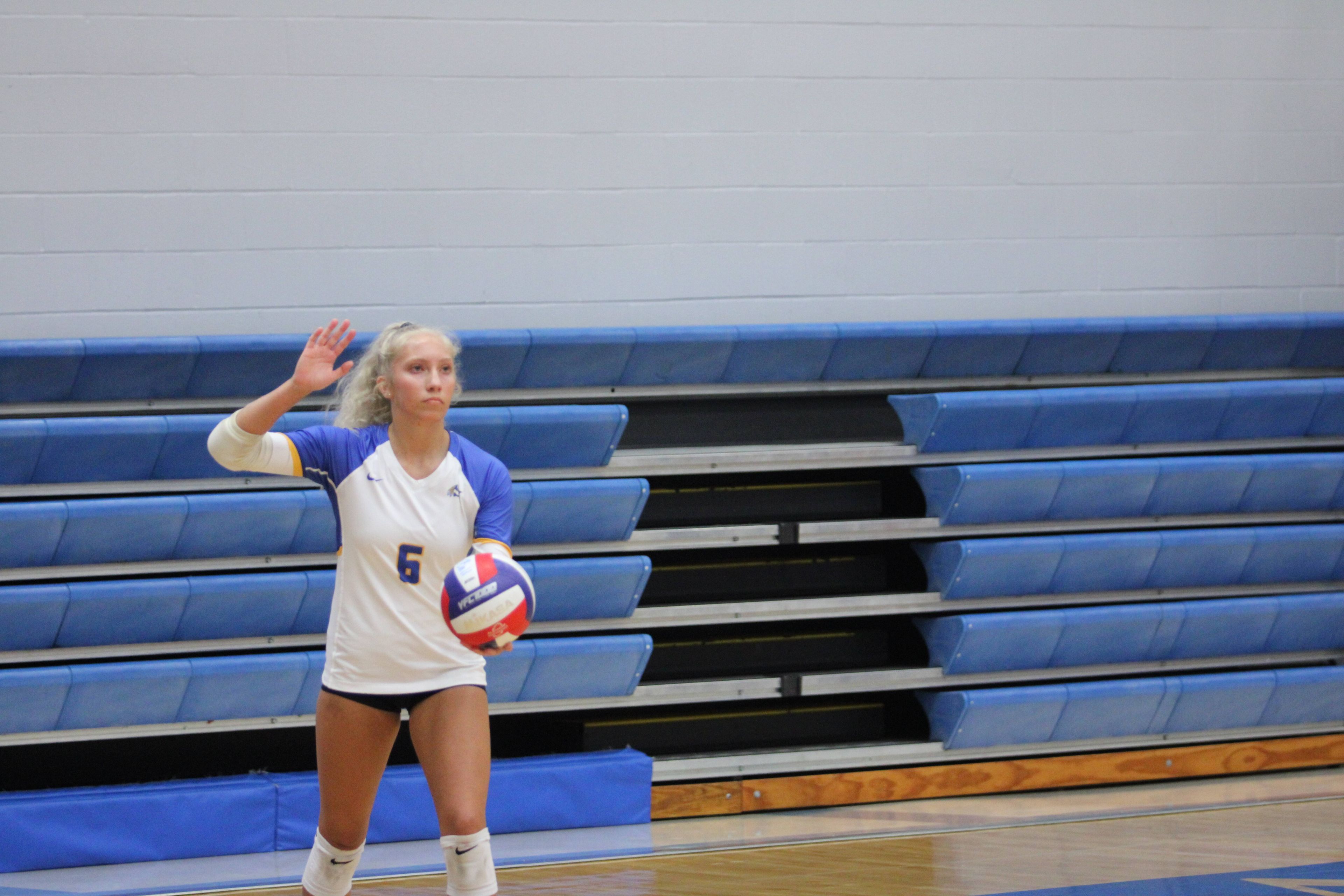 St. Vincent's Brie Rubel serves the ball during the Wednesday, September 18 game between the Indians and Notre Dame at Notre Dame Regional High School in Cape Girardeau, Mo. 