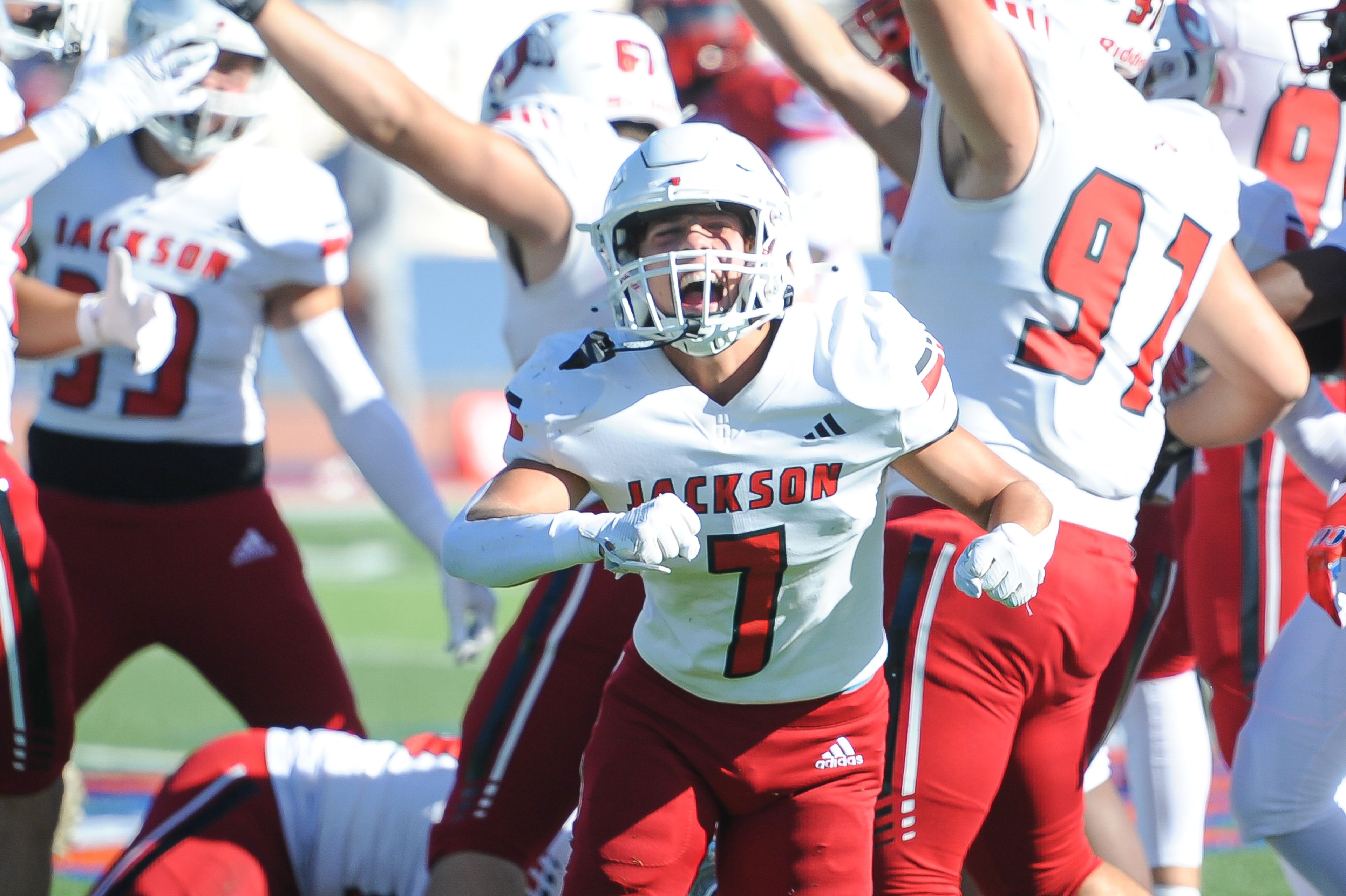 Jackson's Brock Reagan celebrates his forced fumble during a Saturday, September 7, 2024 game between the Jackson Indians and the Cahokia Comanches at East St. Louis Senior High School in East St. Louis, Ill. Jackson defeated Cahokia, 49-26.