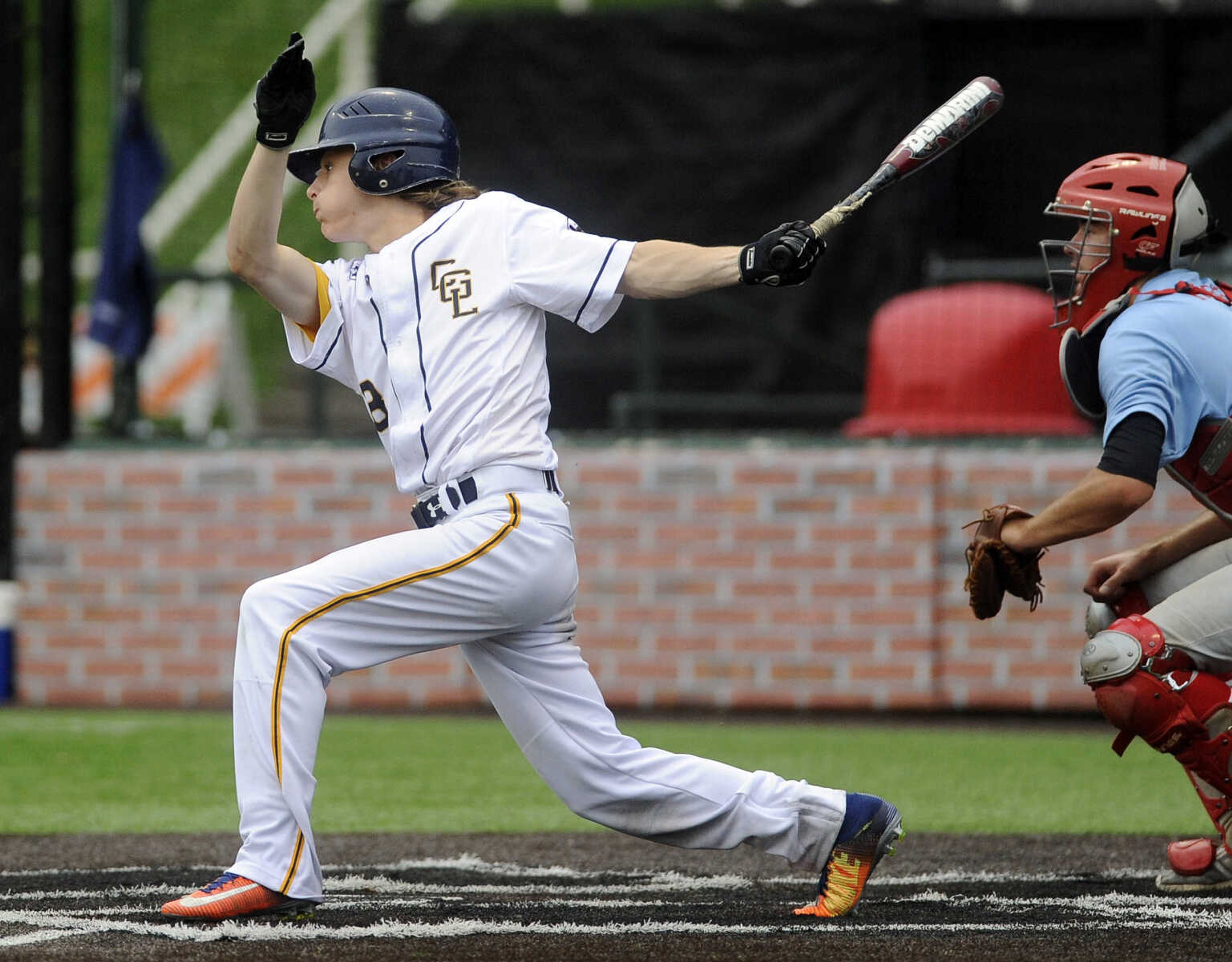 FRED LYNCH ~ flynch@semissourian.com
Cape Girardeau Senior Legion's Ben Womack singles against Pemiscot County during the fourth inning Tuesday, June 12, 2018 at Capaha Field.