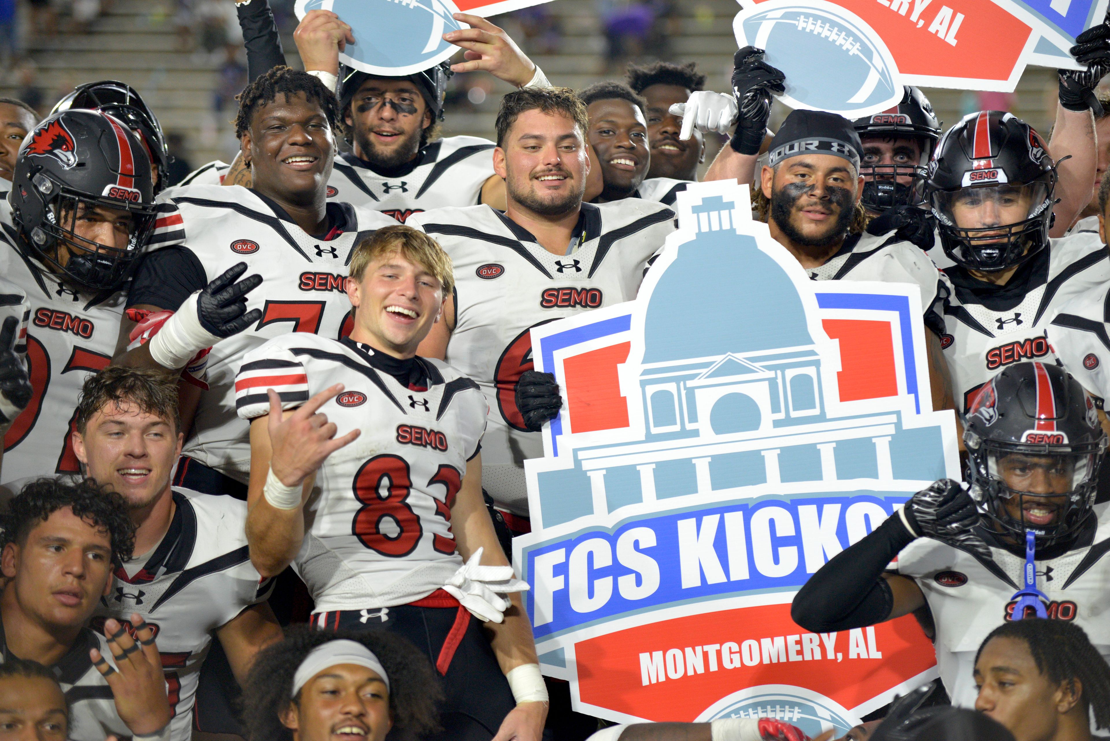 Southeast Missouri State players celebrate winning the FCS Kickoff against North Alabama on Saturday, Aug. 24, in Montgomery, Alabama. 