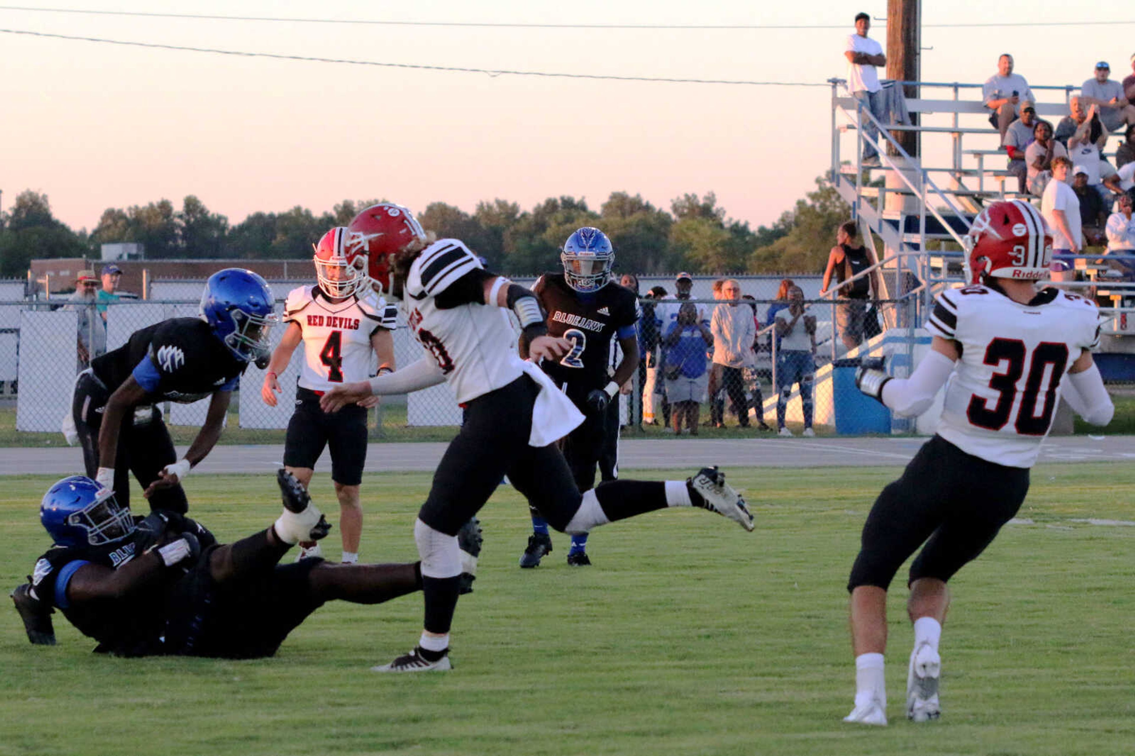 Charleston's DeShaun Henderson (30) catches a touchdown&nbsp;during a 14-12 loss to Chaffee at John Harris Marshall Stadium on Thursday, August 31, 2023.&nbsp;