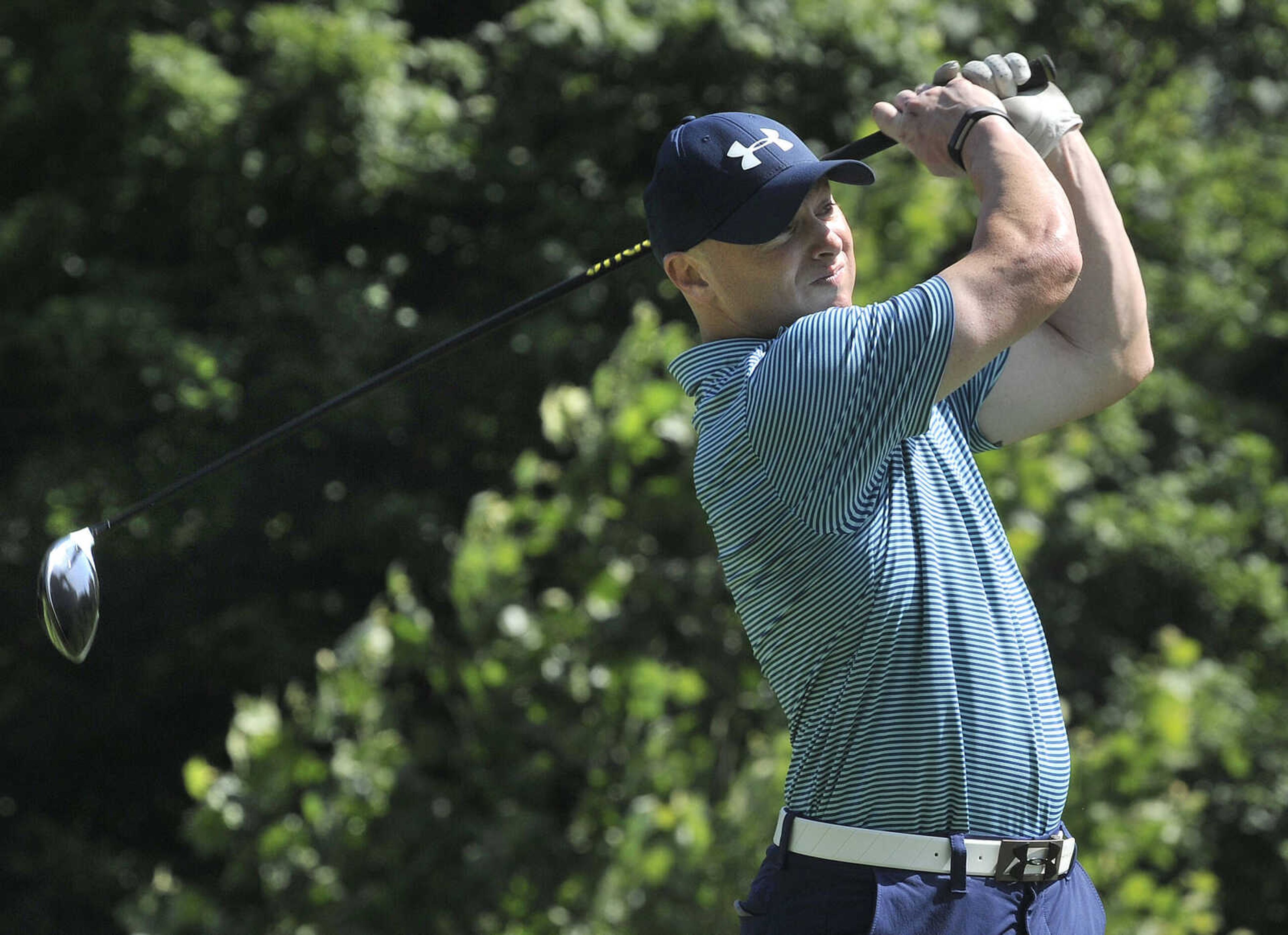 FRED LYNCH ~ flynch@semissourian.com
Adam Friga of Oran, Missouri hits a drive on the 18th hole Tuesday, June 19, 2018 during the Missouri Amateur Championship at Dalhousie Golf Club.