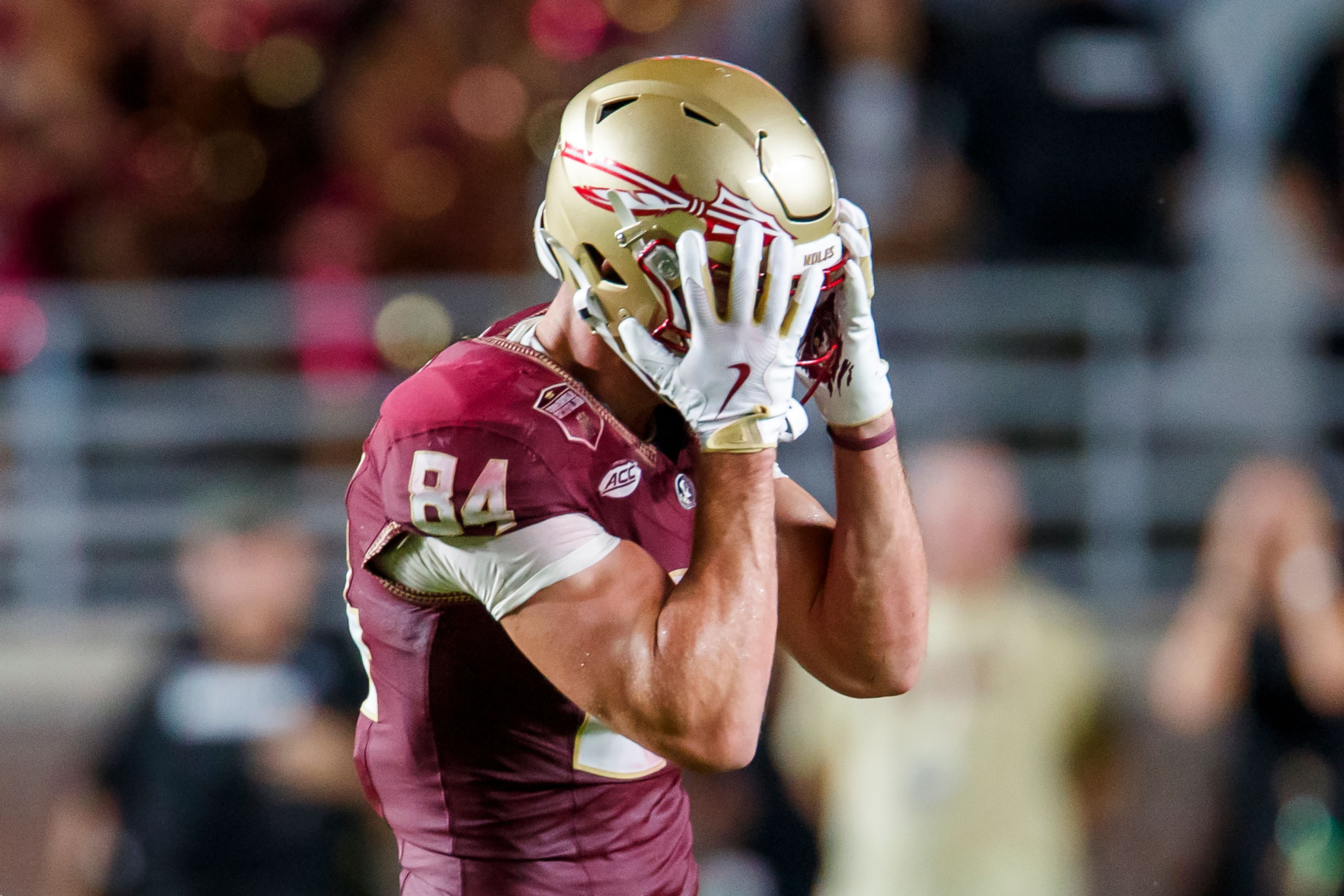 Florida State tight end Kyle Morlock reacts after dropping a pass during the second half of an NCAA college football game against Boston College, Monday, Sept. 2, 2024, in Tallahassee, Fla. (AP Photo/Colin Hackley)