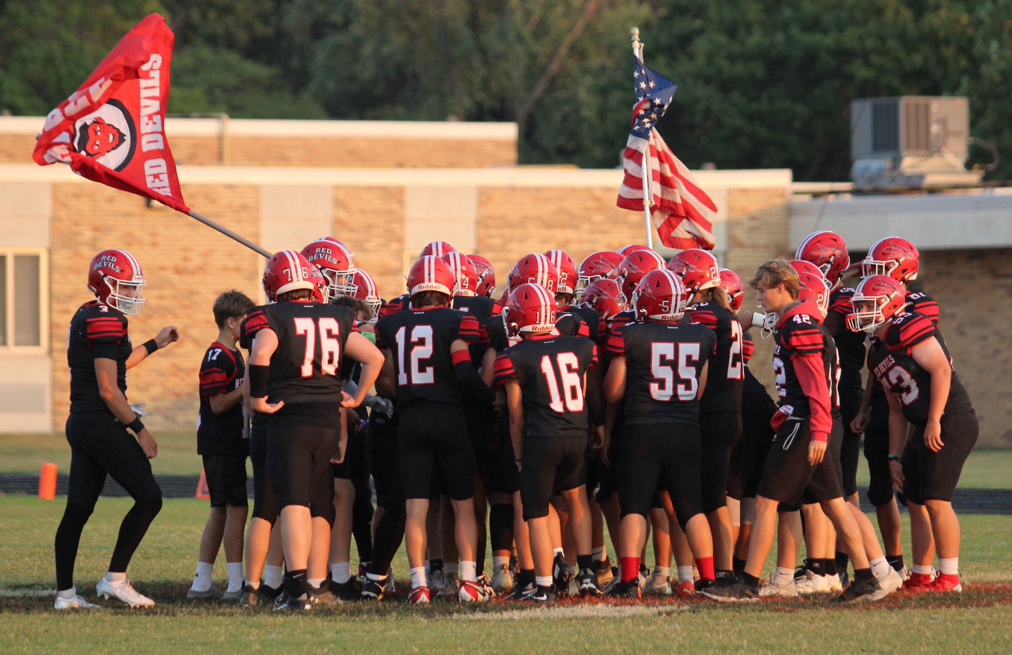 Chaffee huddles on the logo before the Friday, September 6, 2024 game between the Charleston Blue Jays and the Chaffee Red Devils at Chaffee High School in Chaffee, Mo. Charleston defeated Chaffee 38-0. 