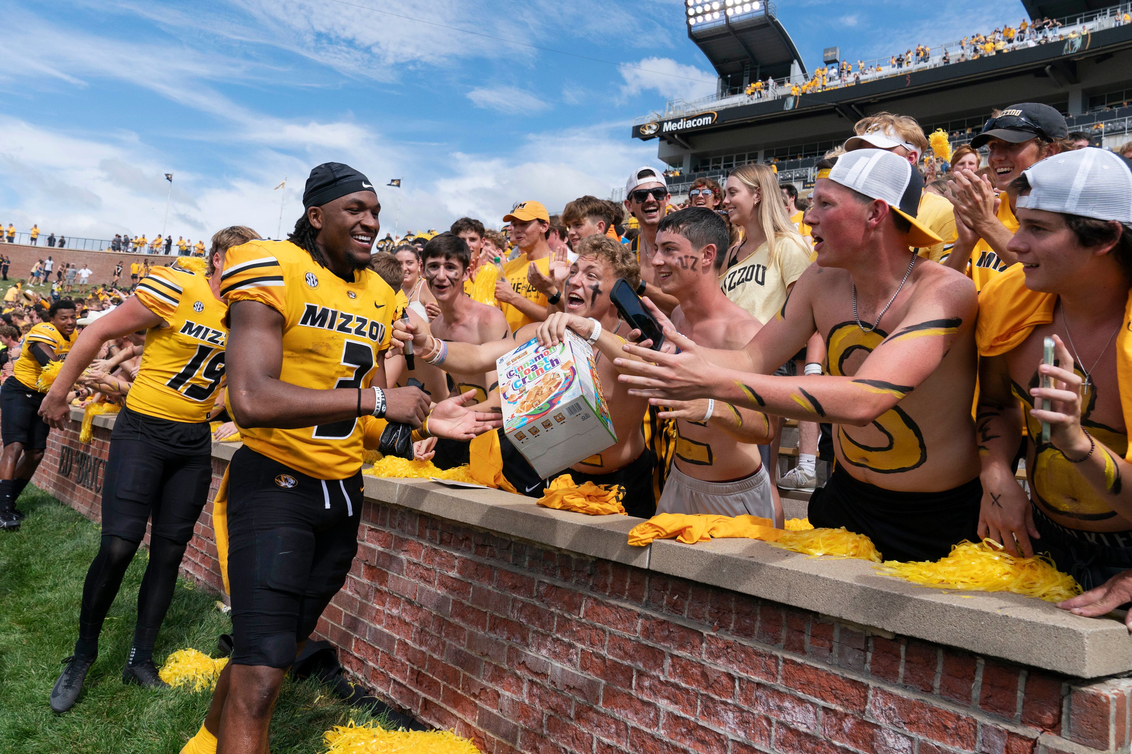 Missouri wide receiver Luther Burden III greets fans after defeating Boston College 27-21 in an NCAA college football game Saturday, Sept. 14, 2024, in Columbia, Mo.(AP Photo/L.G. Patterson)