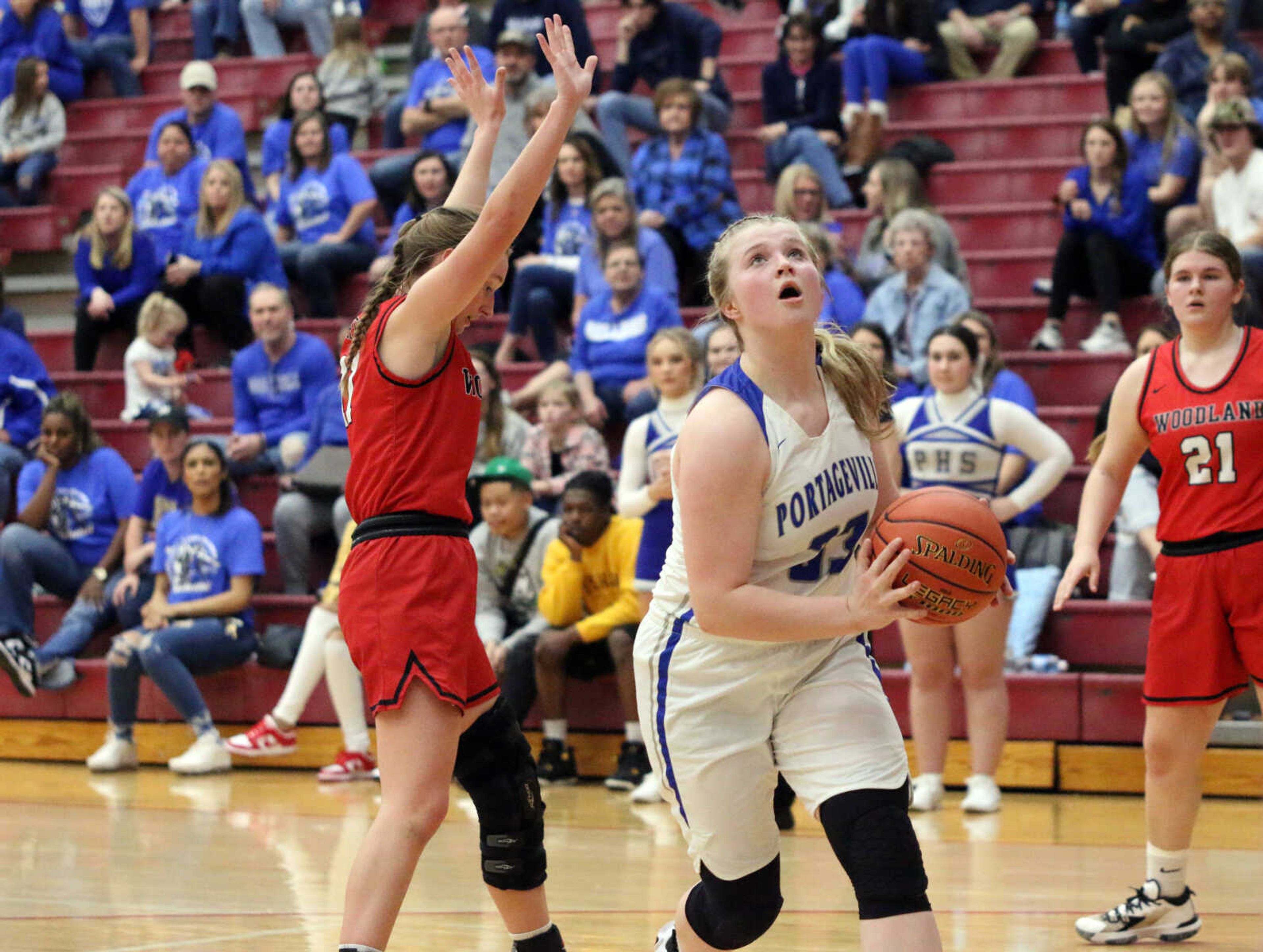 Portageville's Taryn Irby (33) drives&nbsp;during a 61-25 win over Woodland in a MSHSAA Class 3 Sectional at the Sikeston Fieldhouse on Monday, Feb. 28. (Dennis Marshall/Standard-Democrat)