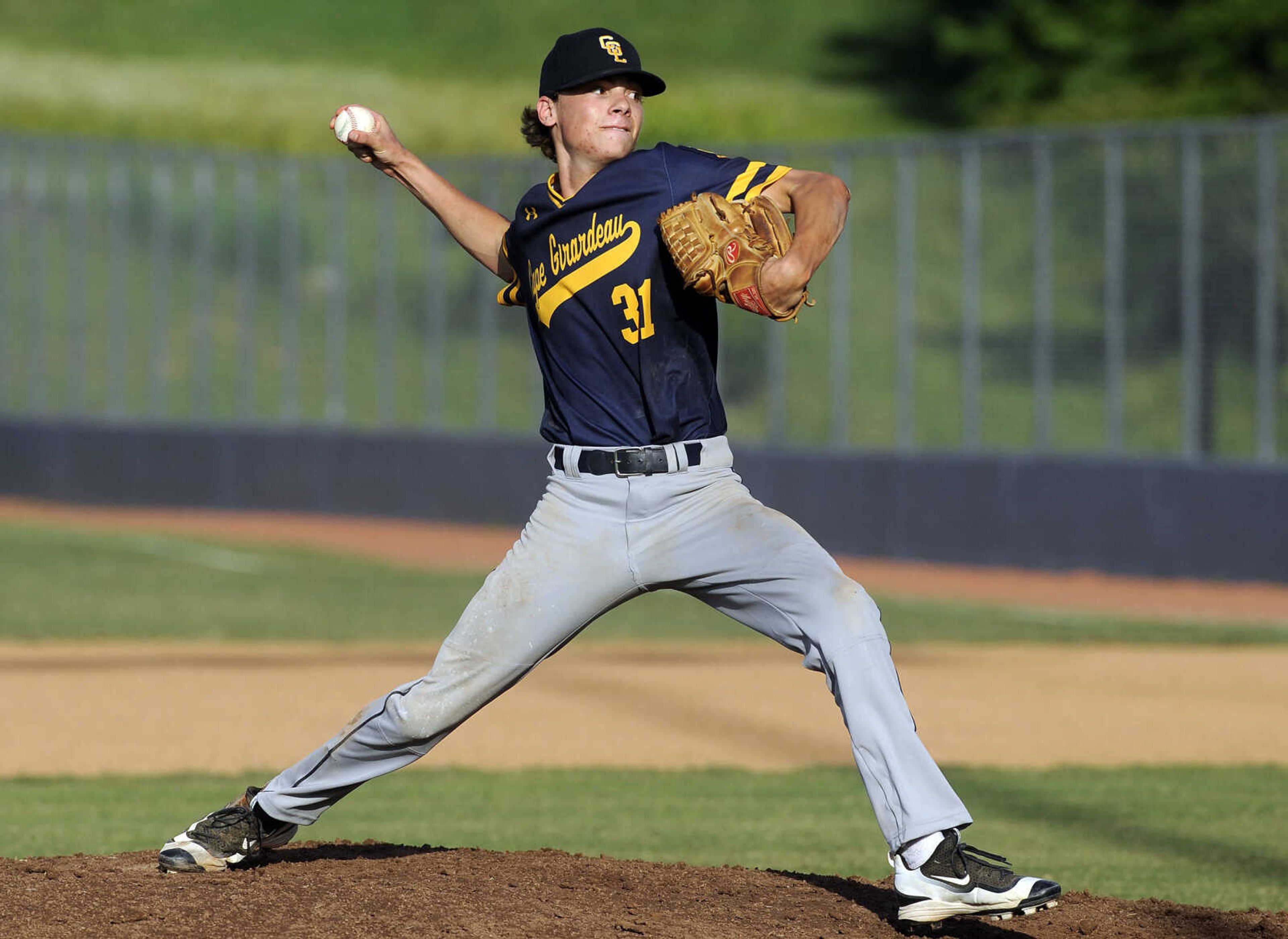 FRED LYNCH ~ flynch@semissourian.com
Cape Girardeau Post 63 starter Reid James pitches to a Jackson Senior Legion batter during the second inning Thursday, June 7, 2018 in Jackson.