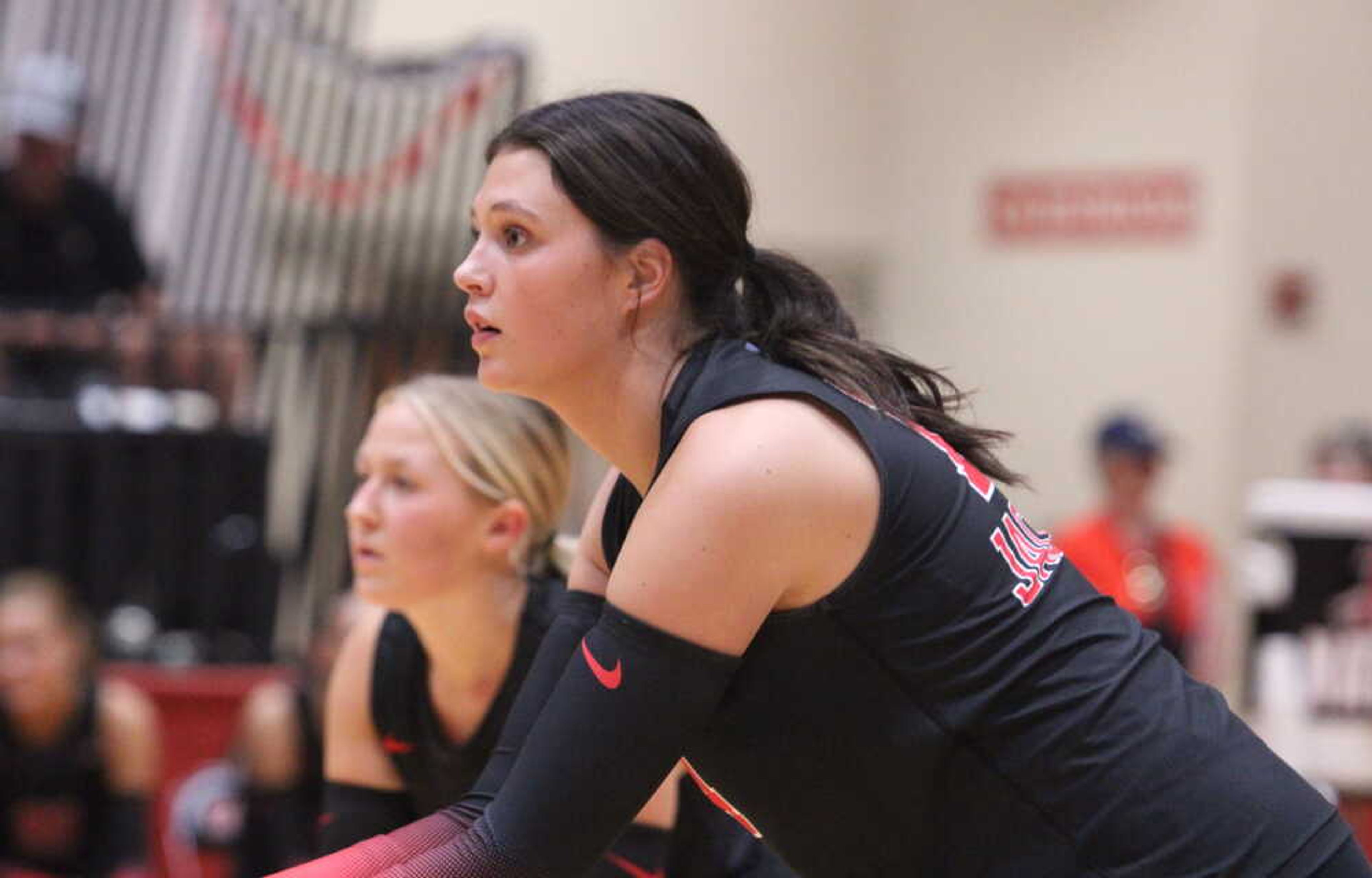 Jackson senior and SEMO commit Katy St. John anticipates the serve in a home match against Poplar Bluff on Tuesday, Sept. 10 at Jackson High School.