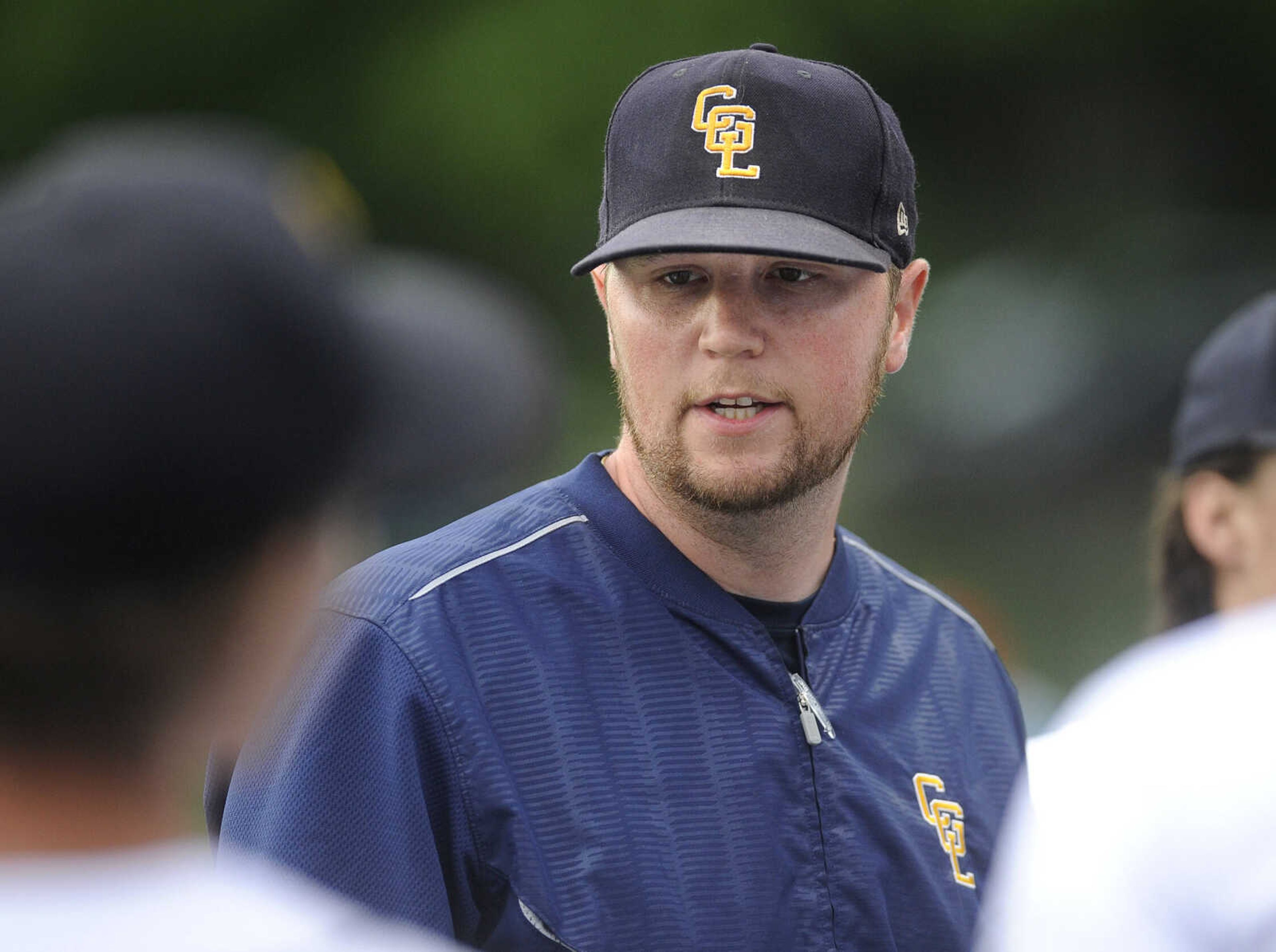 FRED LYNCH ~ flynch@semissourian.com
Cape Girardeau Post 63 Senior Legion coach Josh Meyer talks to his team during the third inning against Pemiscot County on Tuesday, June 12, 2018 at Capaha Field.