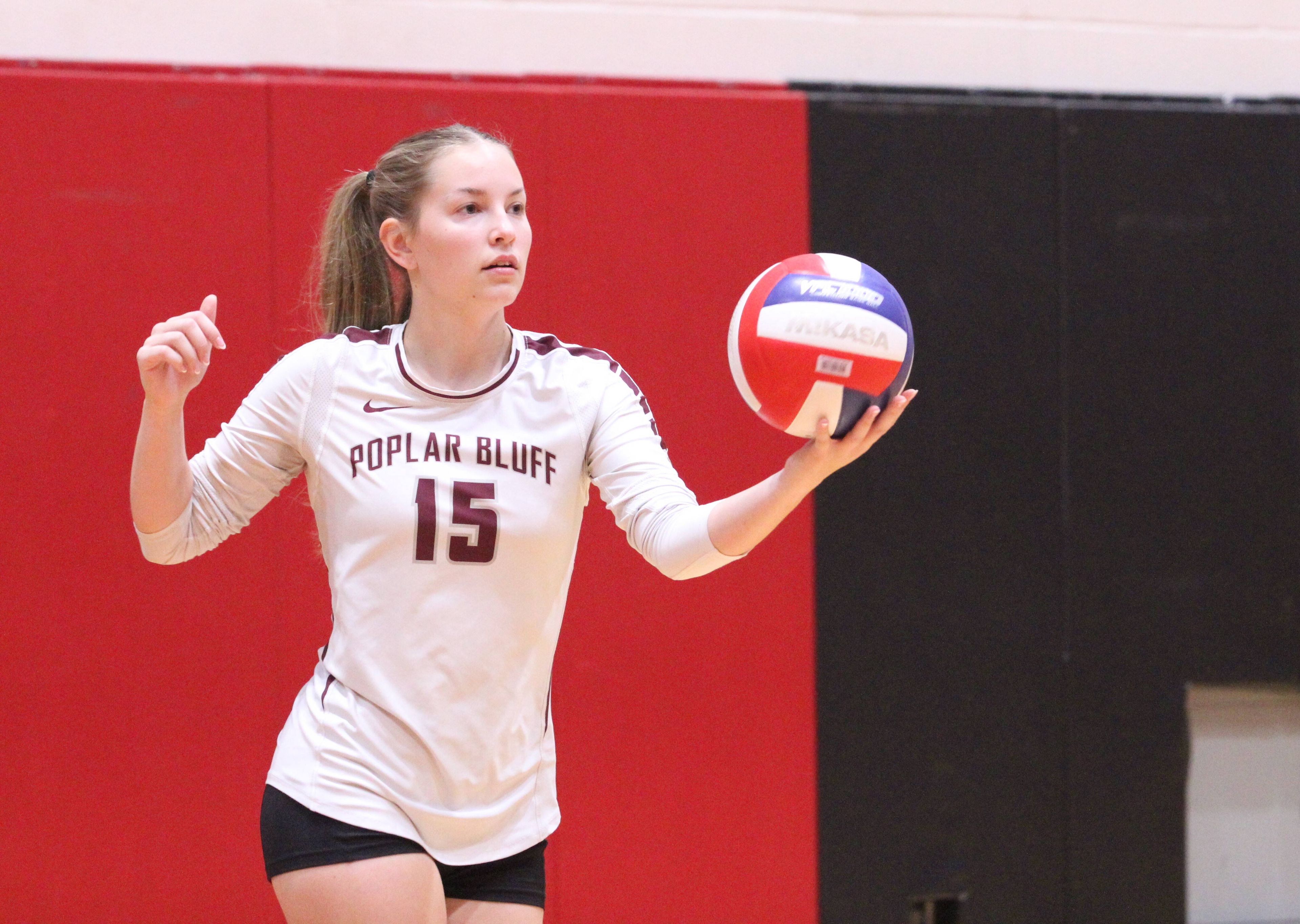 Poplar Bluff's Ashton Mayes prepares to serve the ball during the Tuesday, September 10 match between Jackson and Poplar Bluff at Jackson High School in Jackson, Mo. 