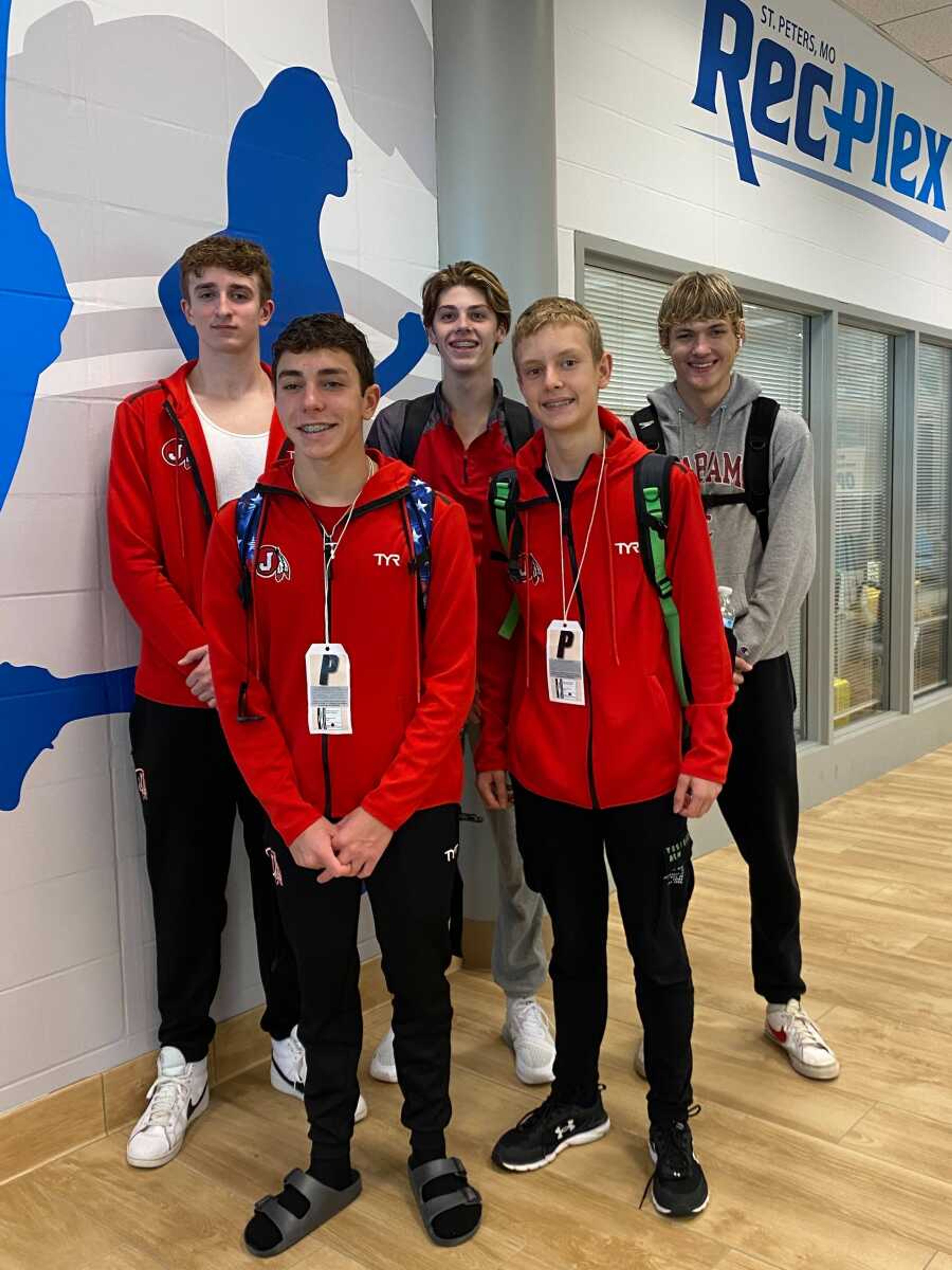 Jackson swimmers take a photo Thursday at the MSHSAA State Swimming Championships at the City of St. Peters Rec-Plex.
Back row: Tim DeYoung, Kelton Horrell, Luke Tally.
Front Row: Wade LaValle and Jan Handke.

